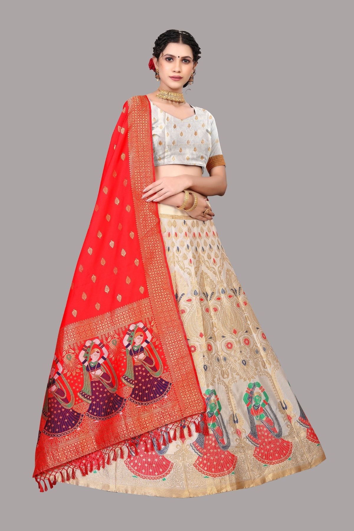 Women's White Jacquard Zari Woven Designer Lehenga Choli Set