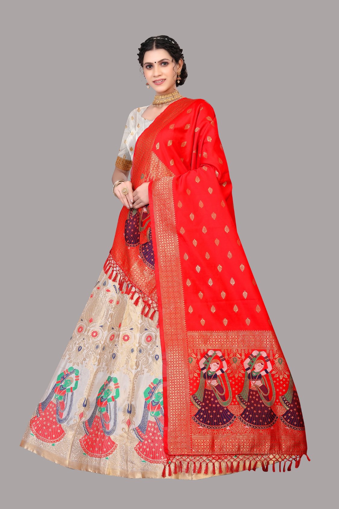 Women's White Jacquard Zari Woven Designer Lehenga Choli Set