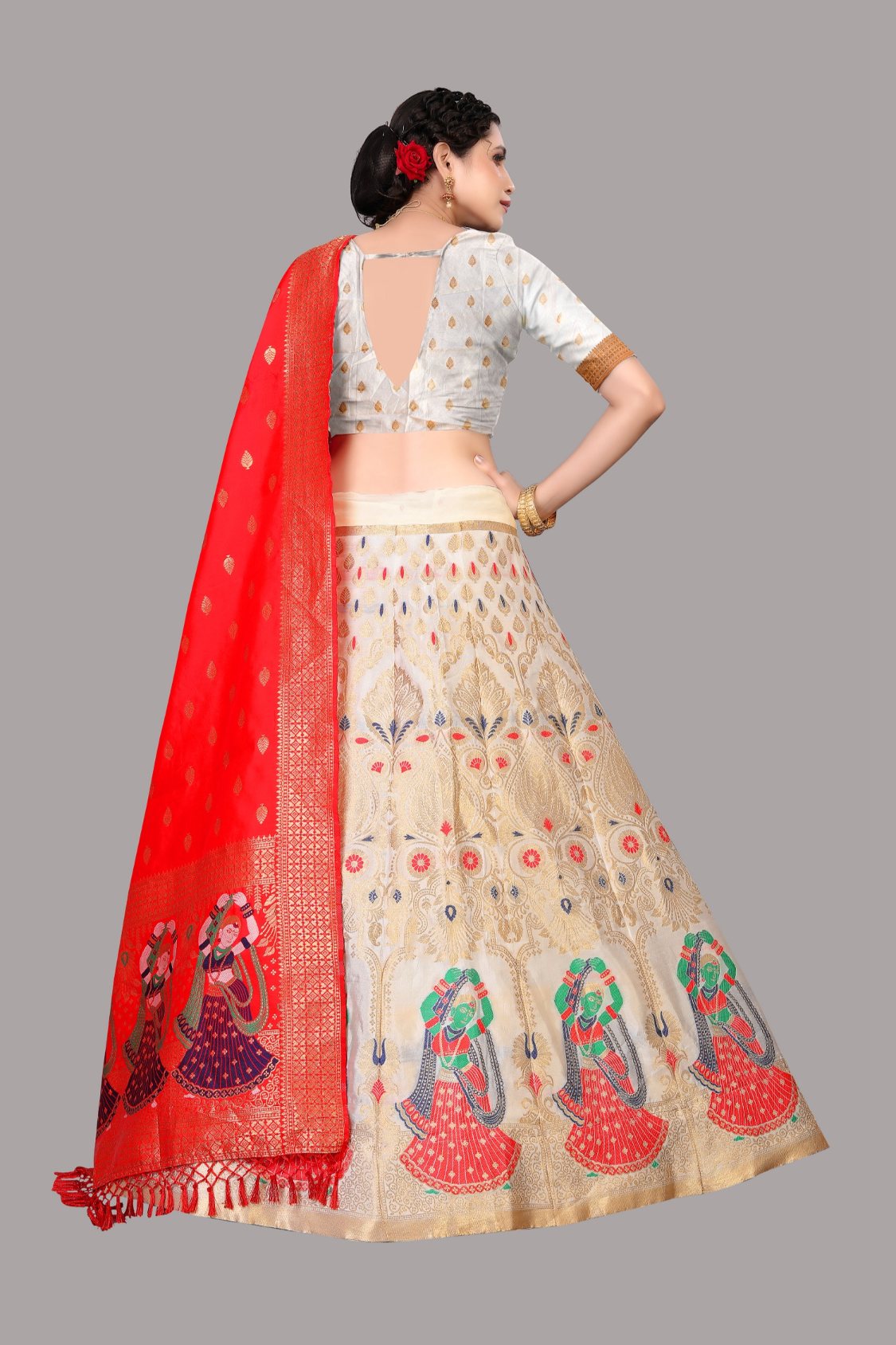 Women's White Jacquard Zari Woven Designer Lehenga Choli Set
