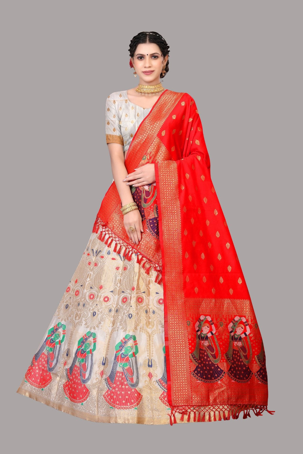 Women's white jacquard lehenga choli set with gold zari woven detailing
