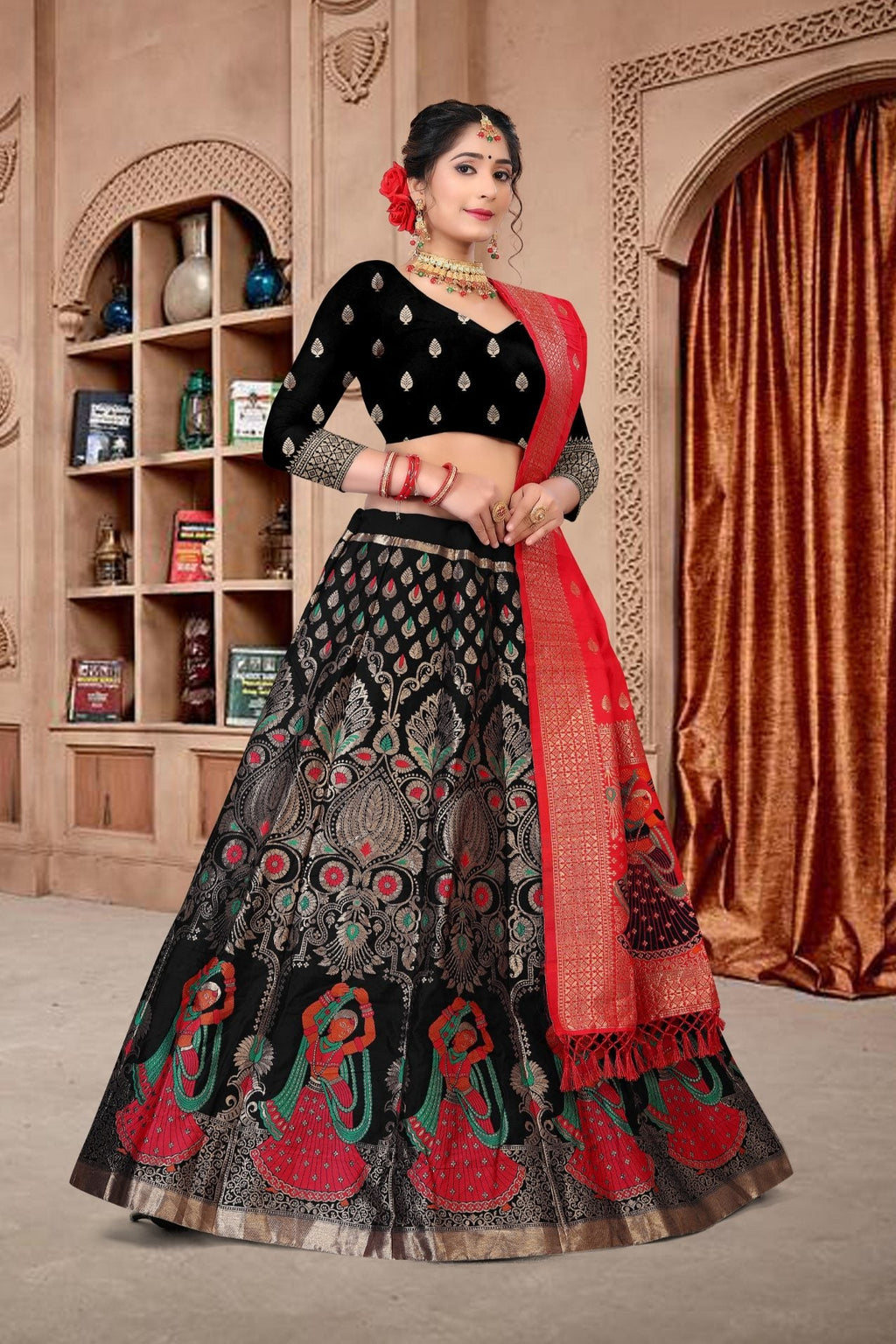 Black Jacquard Zari Woven Designer Lehenga Choli Set