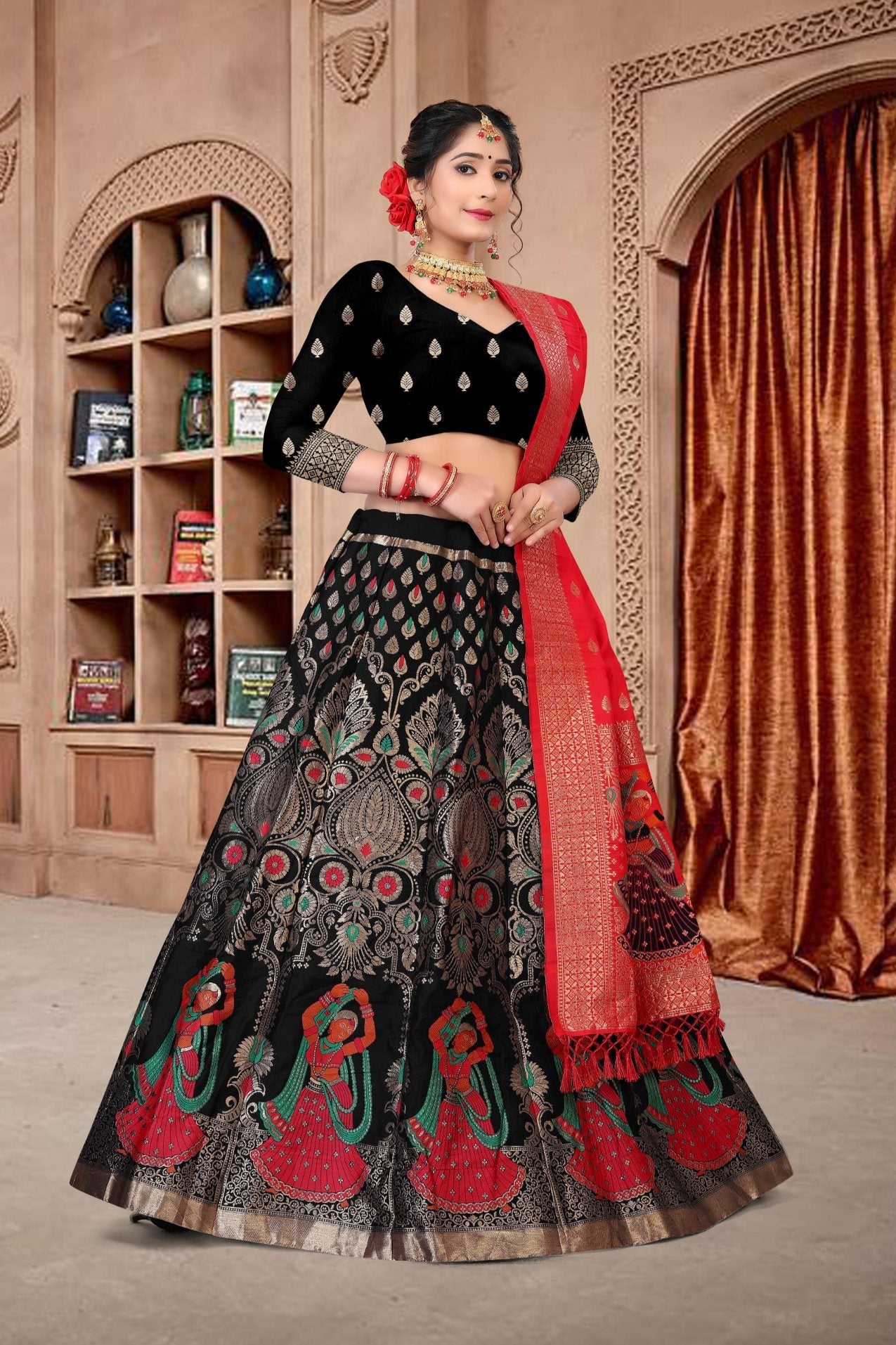 Black Jacquard Zari Woven Designer Lehenga Choli Set