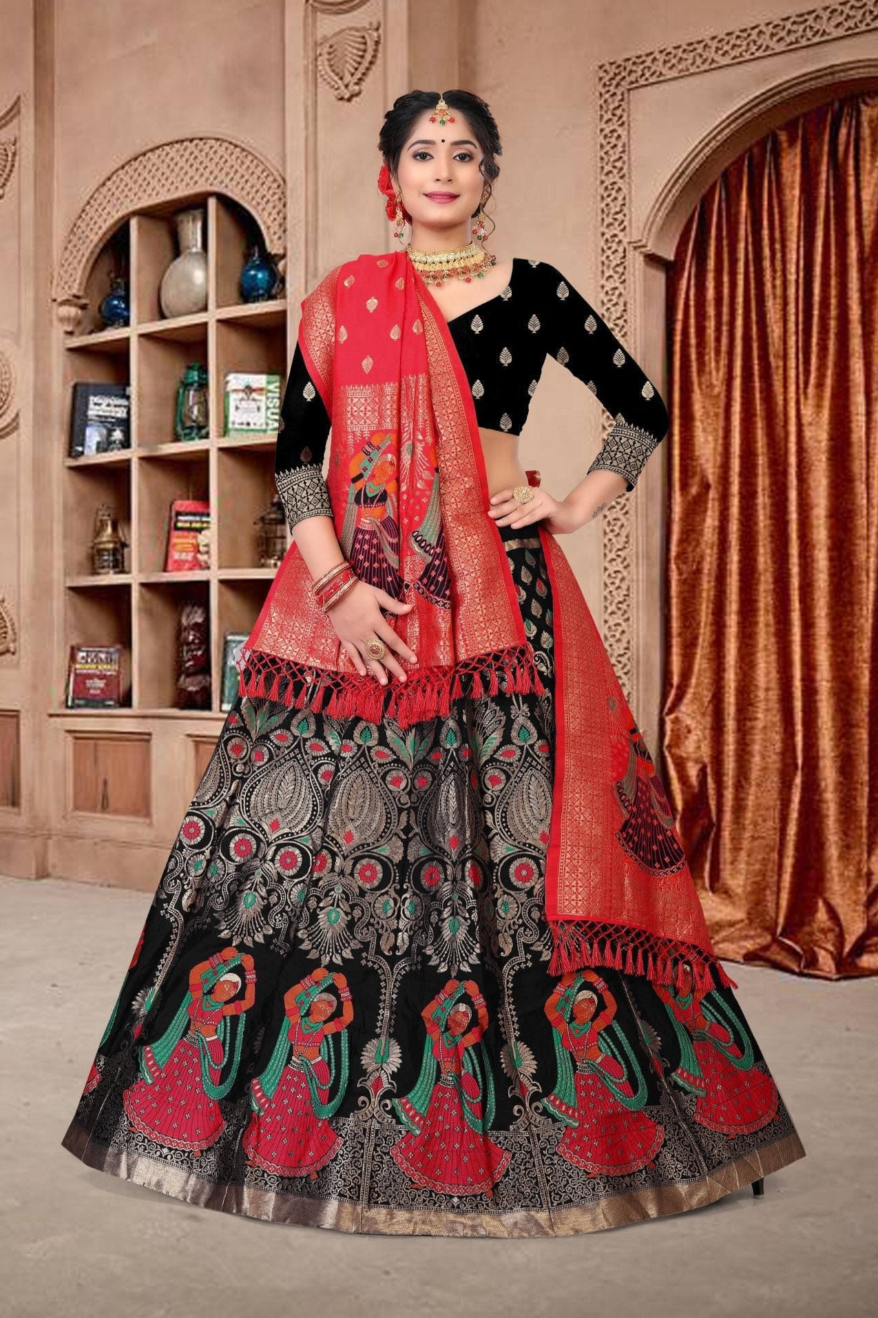 Black Jacquard Zari Woven Lehenga Choli set for formal events