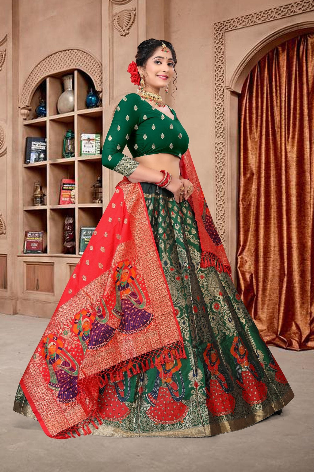 Dark Green Jacquard Zari Woven Lehenga Choli Set for Festive Wear