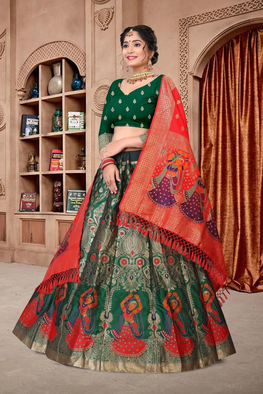 Dark Green Jacquard Zari Woven Lehenga Choli Set for Festive Wear