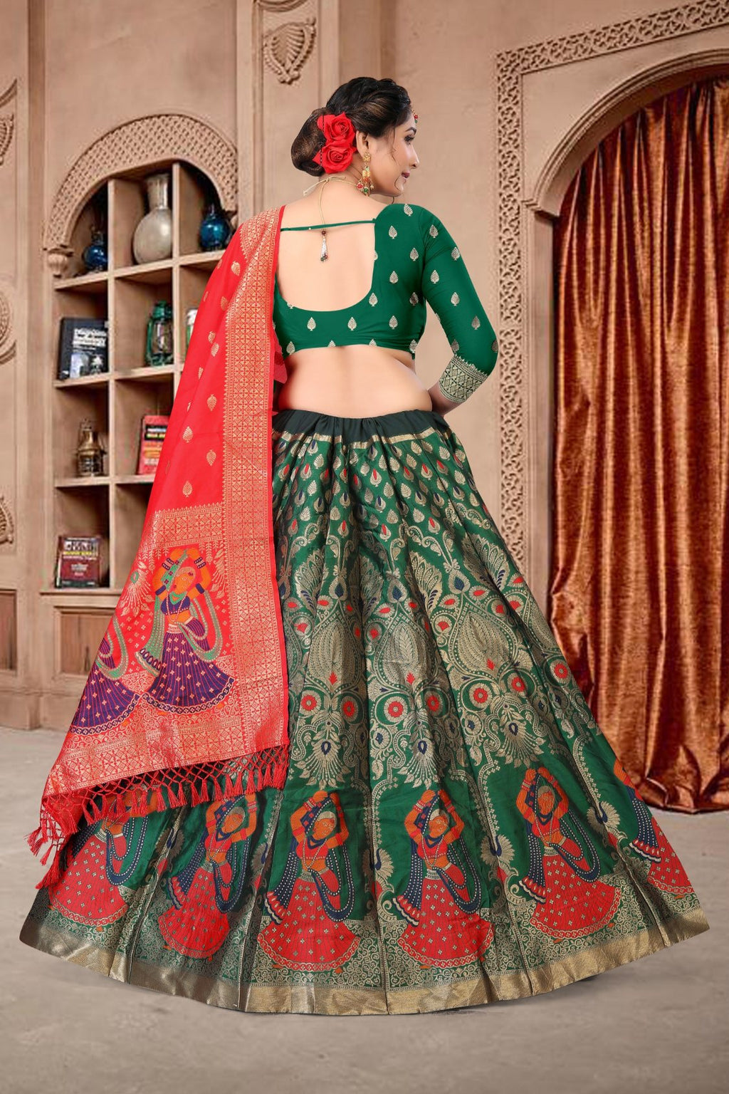 Dark Green Jacquard Zari Woven Lehenga Choli Set for Festive Wear