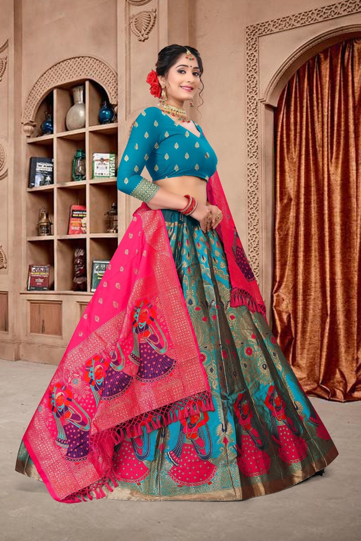 Sky Blue Jacquard Zari Woven Designer Lehenga Choli Set