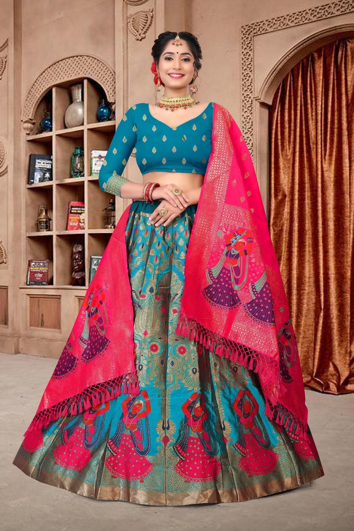Sky Blue Jacquard Lehenga Choli with gold Zari weaving for formal festive wear