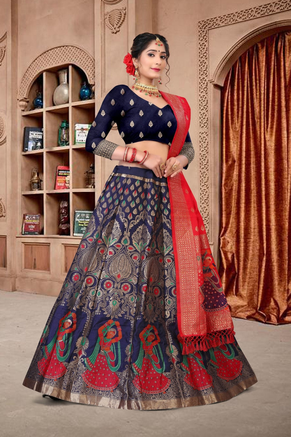 Women's Navy Blue Jacquard Zari Woven Designer Lehenga Choli