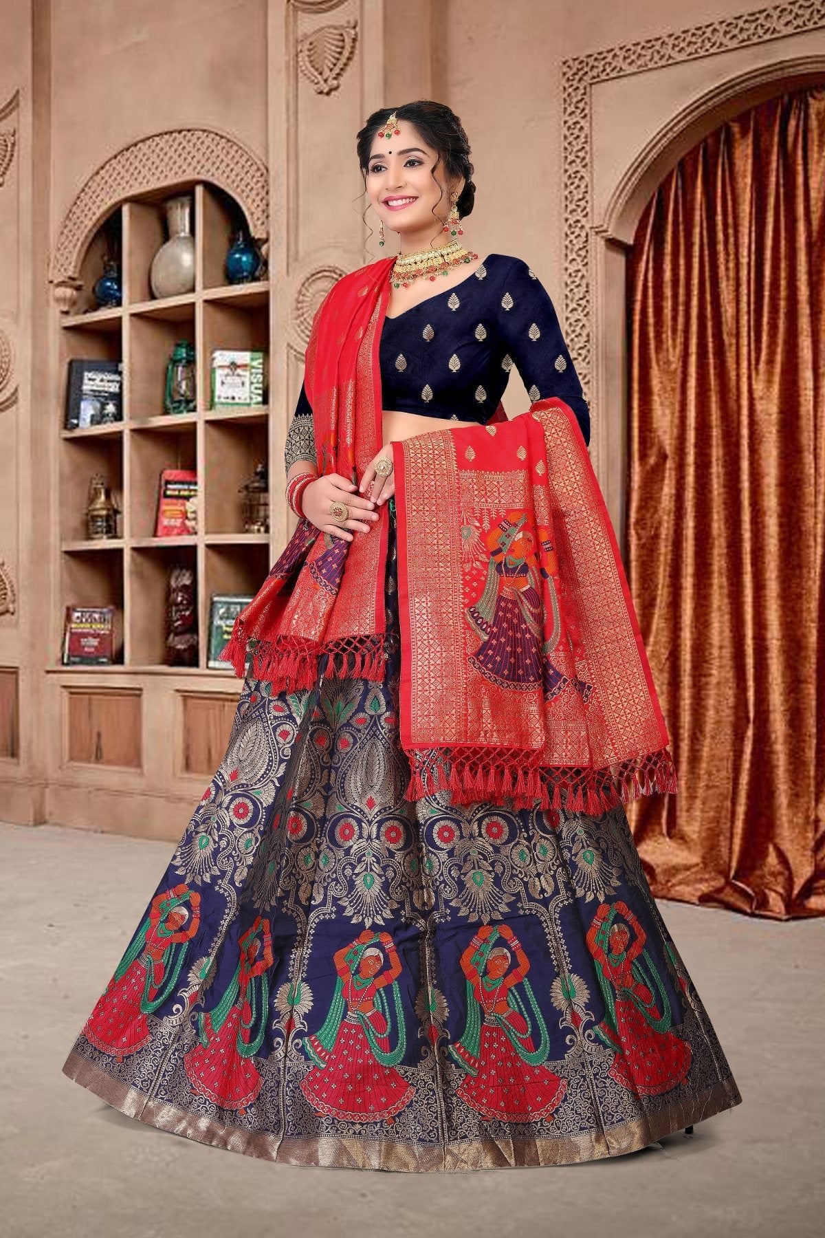 Women's Navy Blue Jacquard Zari Woven Designer Lehenga Choli