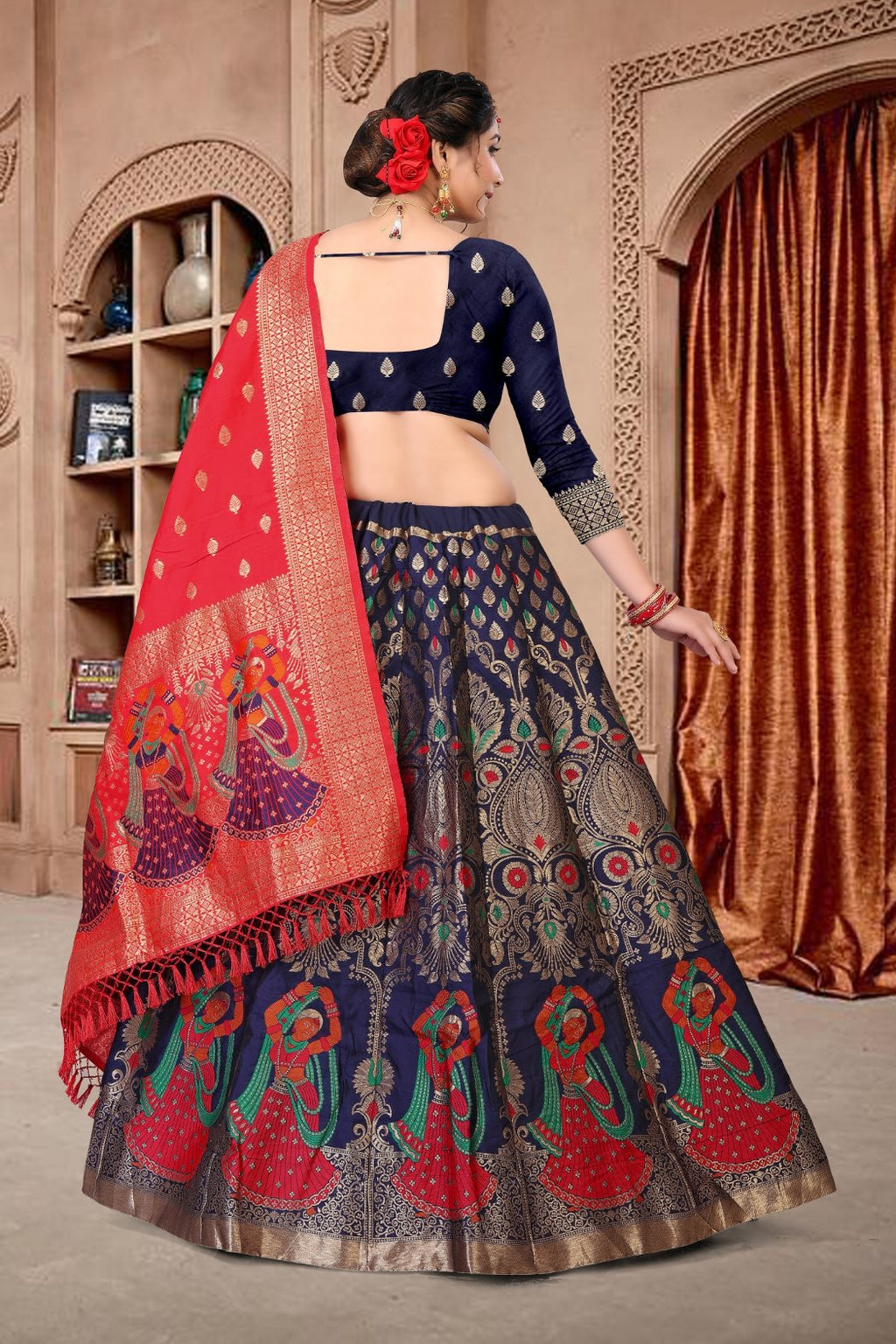 Women's Navy Blue Jacquard Zari Woven Designer Lehenga Choli