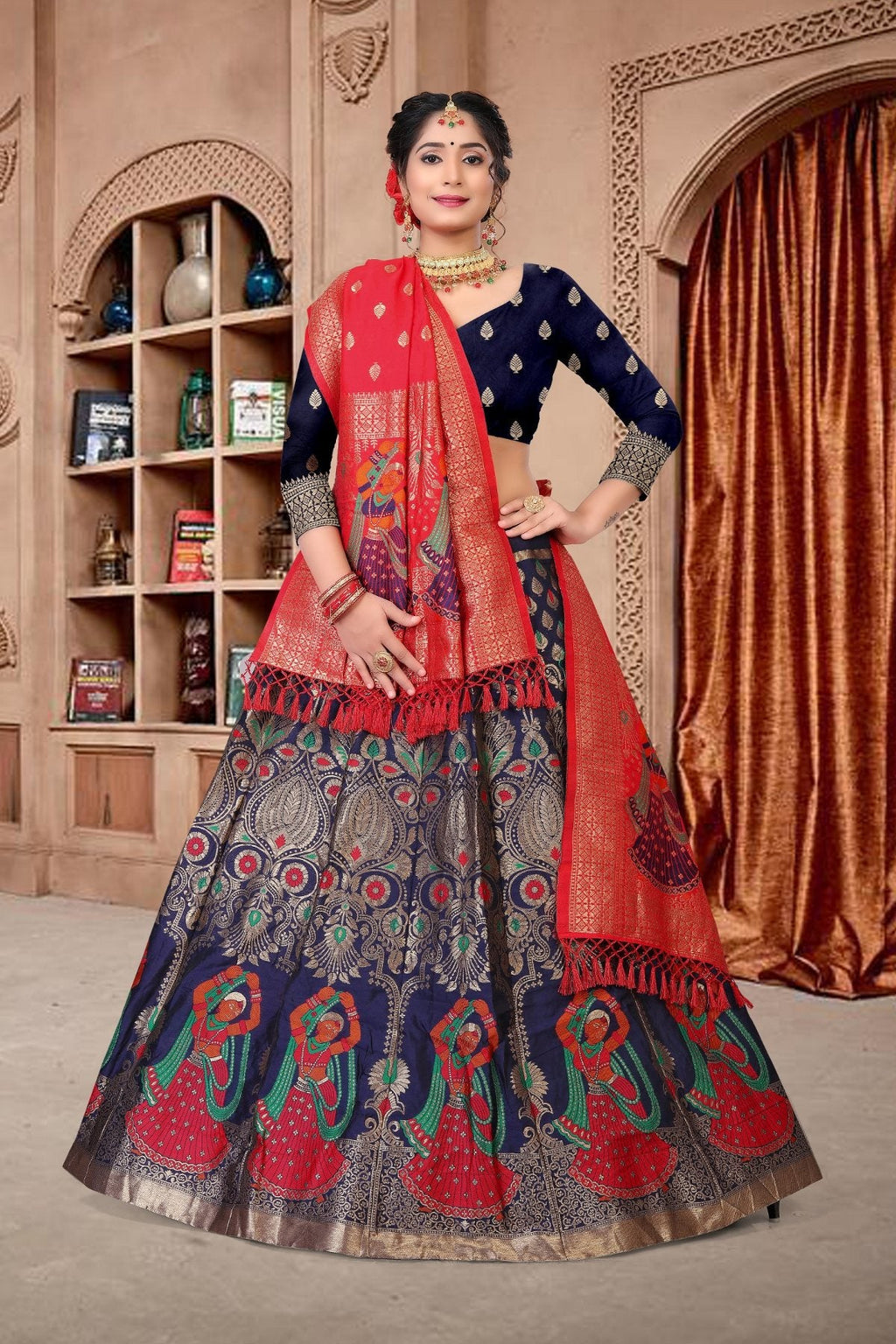 Navy blue jacquard lehenga choli set with gold zari weaving
