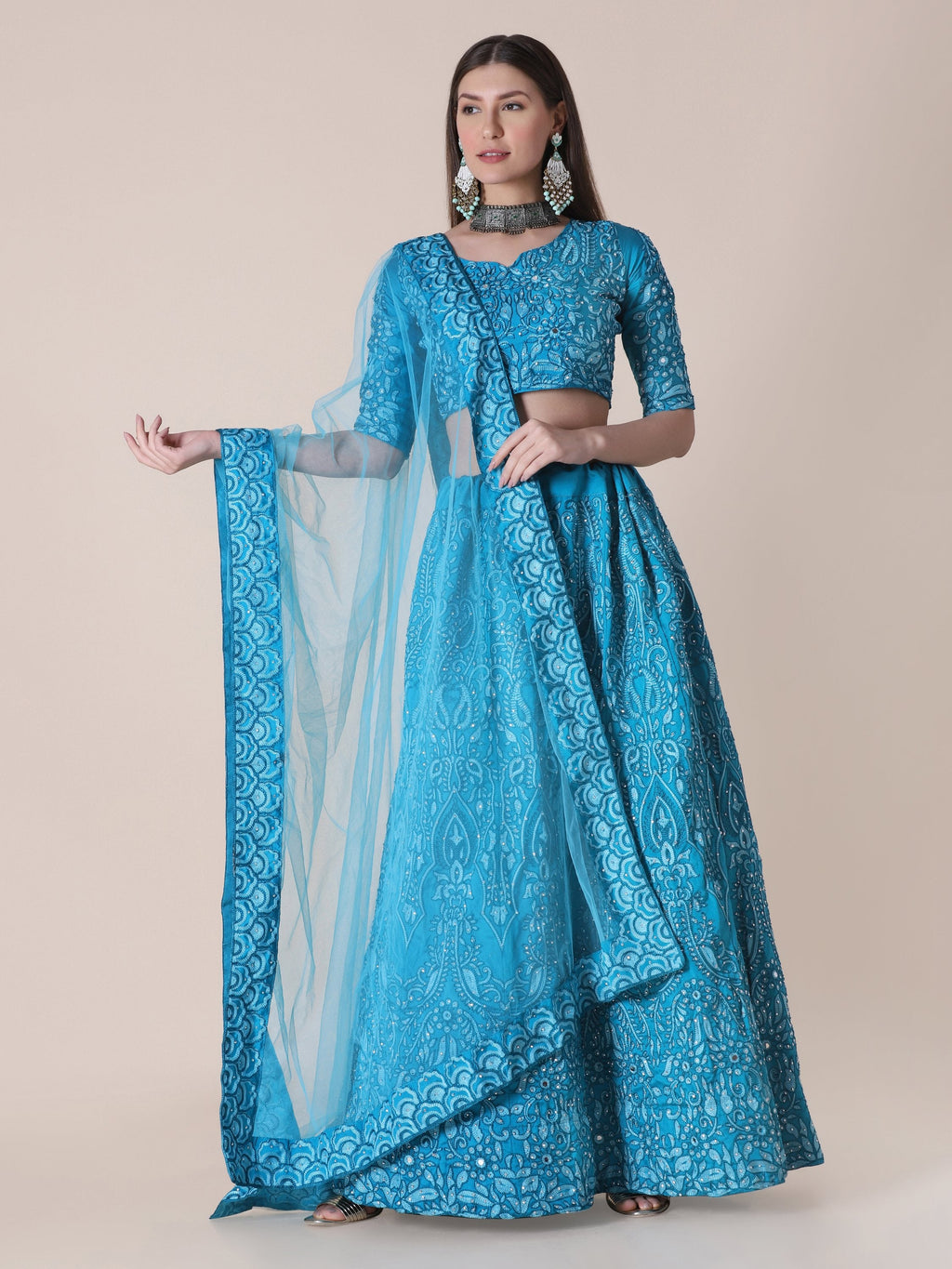 Sky Blue Taffeta Silk Thread Embroidered Lehenga Choli Set