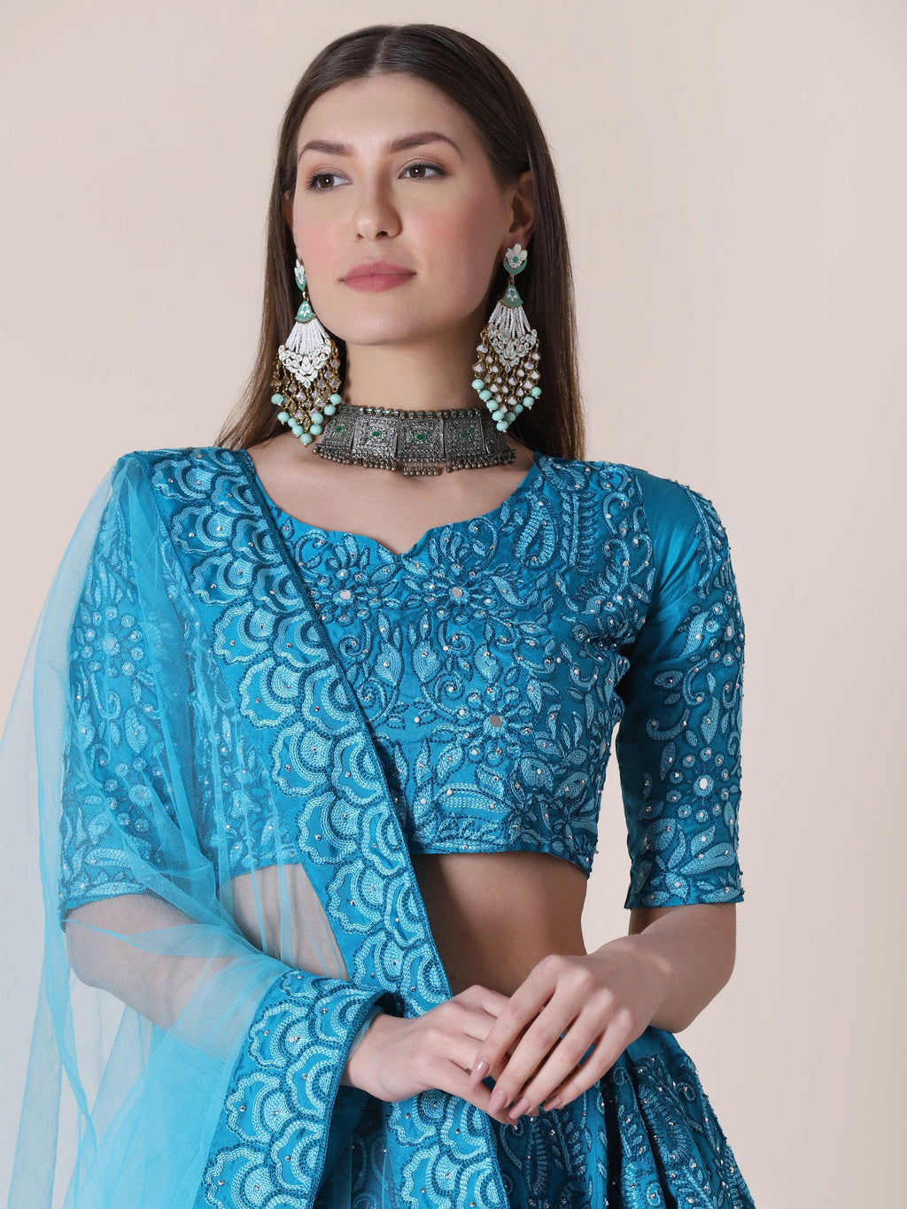 Sky Blue Taffeta Silk Thread Embroidered Lehenga Choli Set