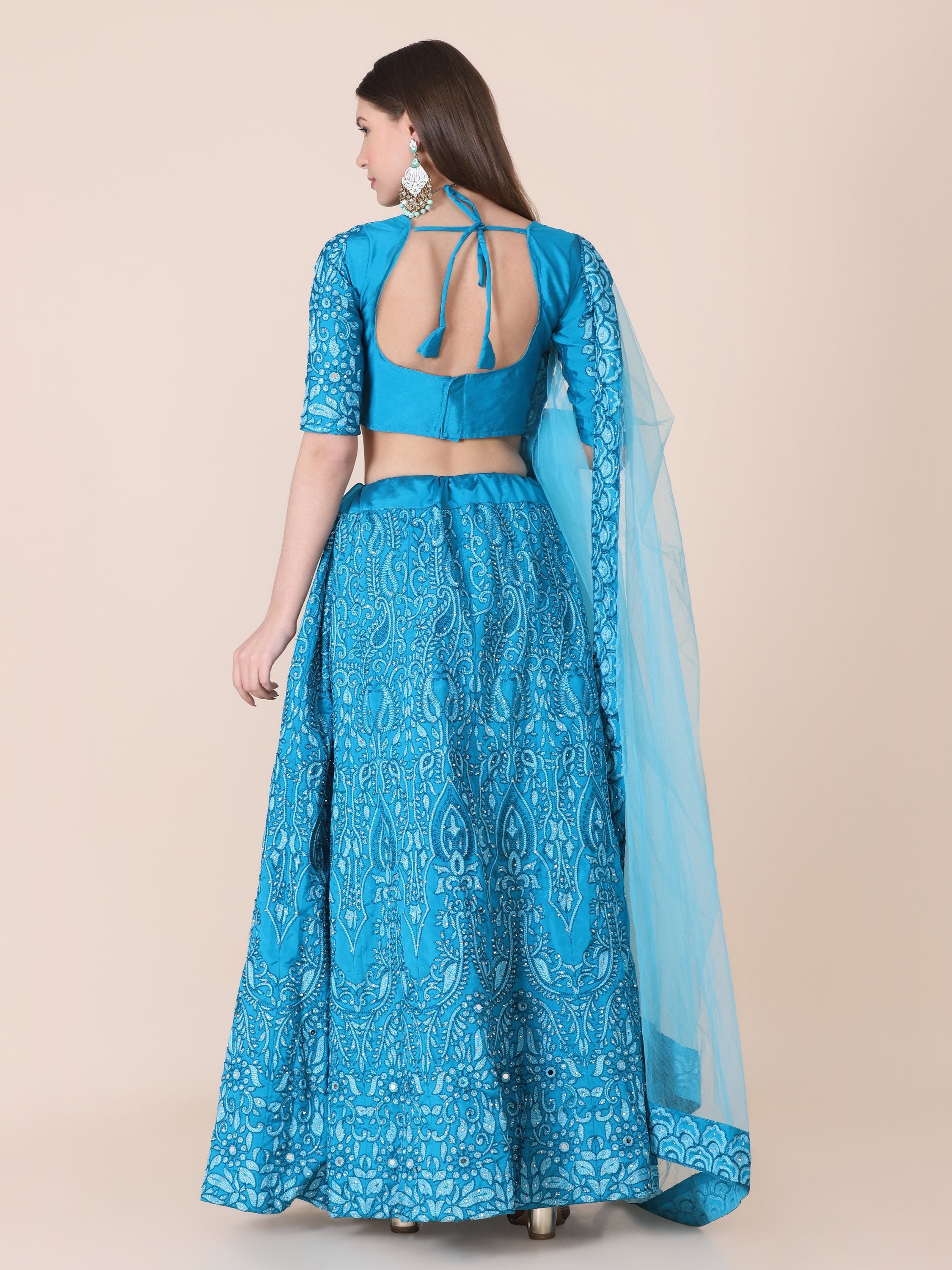 Sky Blue Taffeta Silk Thread Embroidered Lehenga Choli Set