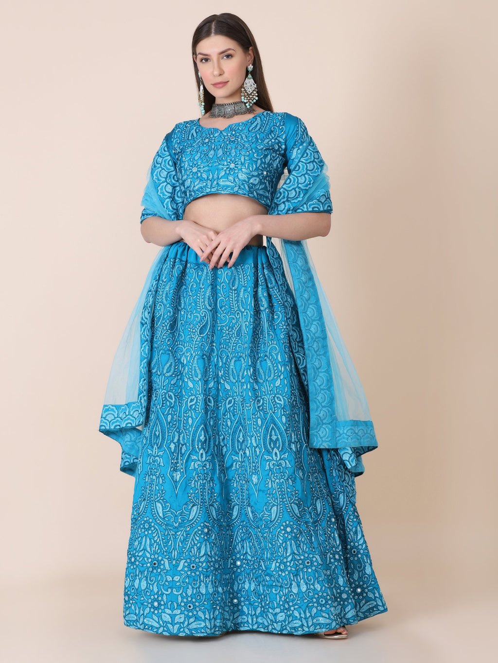 Sky Blue Taffeta Silk Lehenga Choli with fine thread embroidery for women