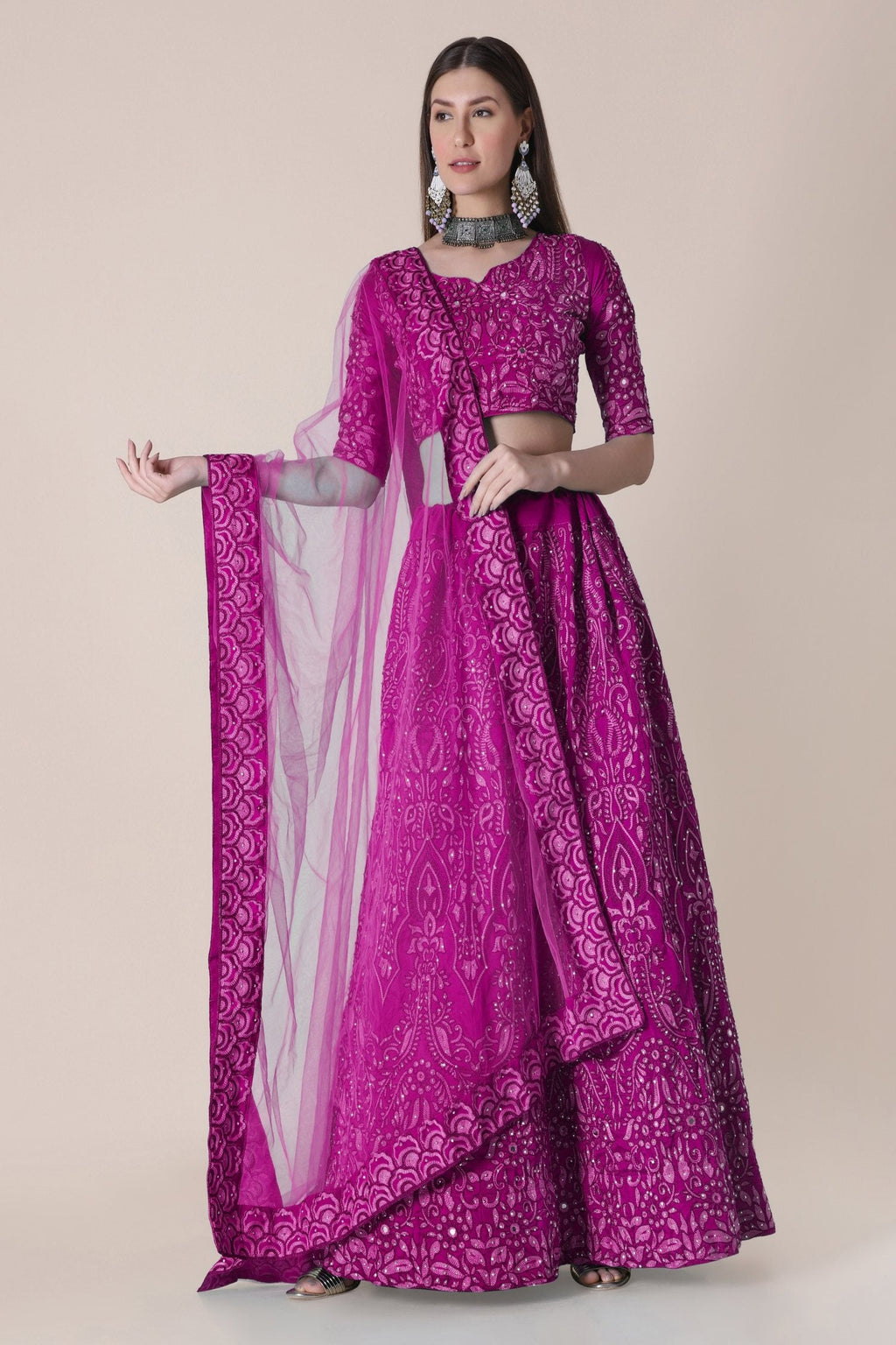 Purple Taffeta Silk Lehenga Choli Set with Thread Embroidery
