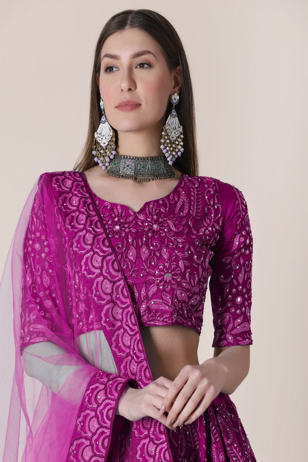 Purple Taffeta Silk Lehenga Choli Set with Thread Embroidery