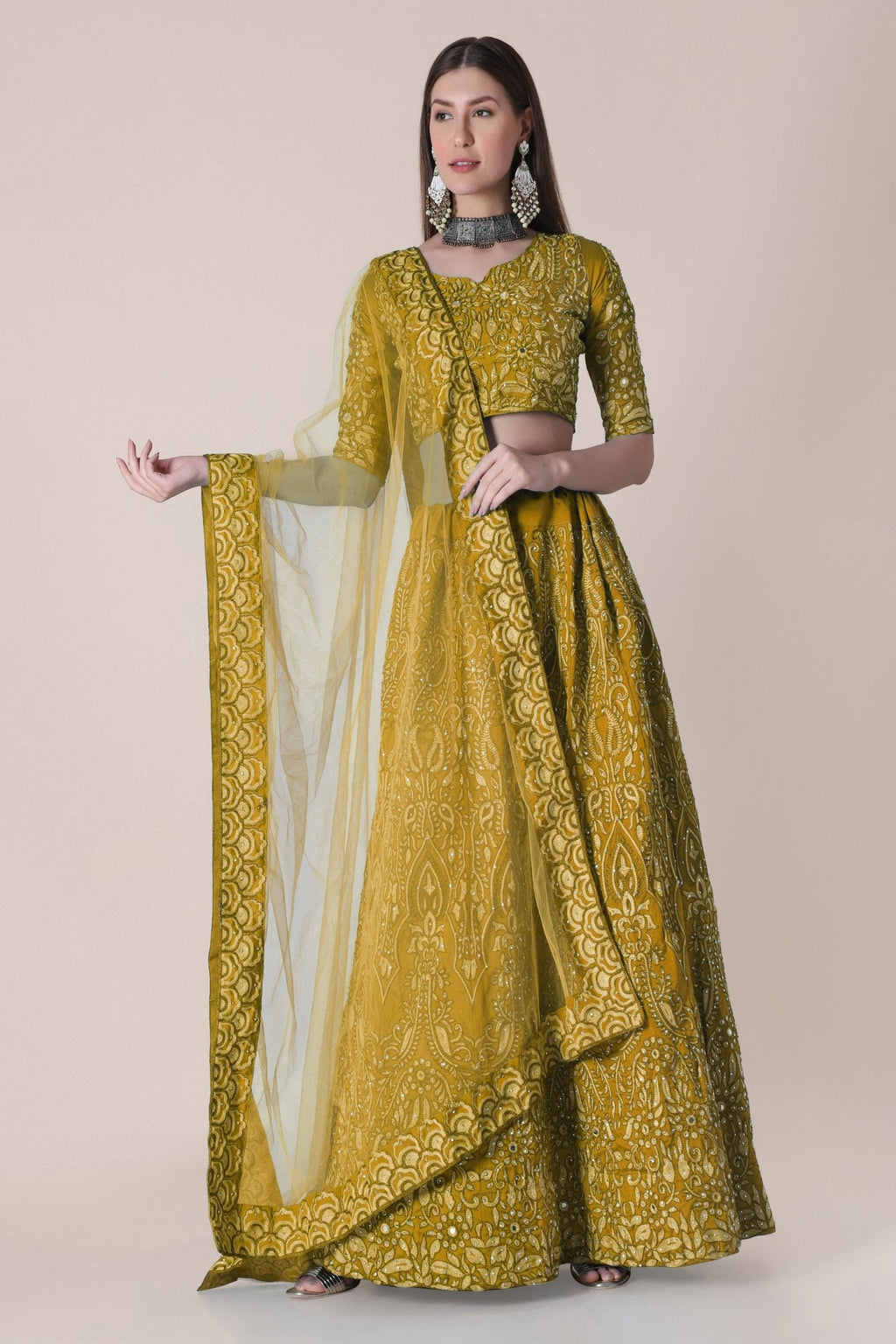 Mustard Taffeta Silk Thread Embroidered Designer Lehenga Choli