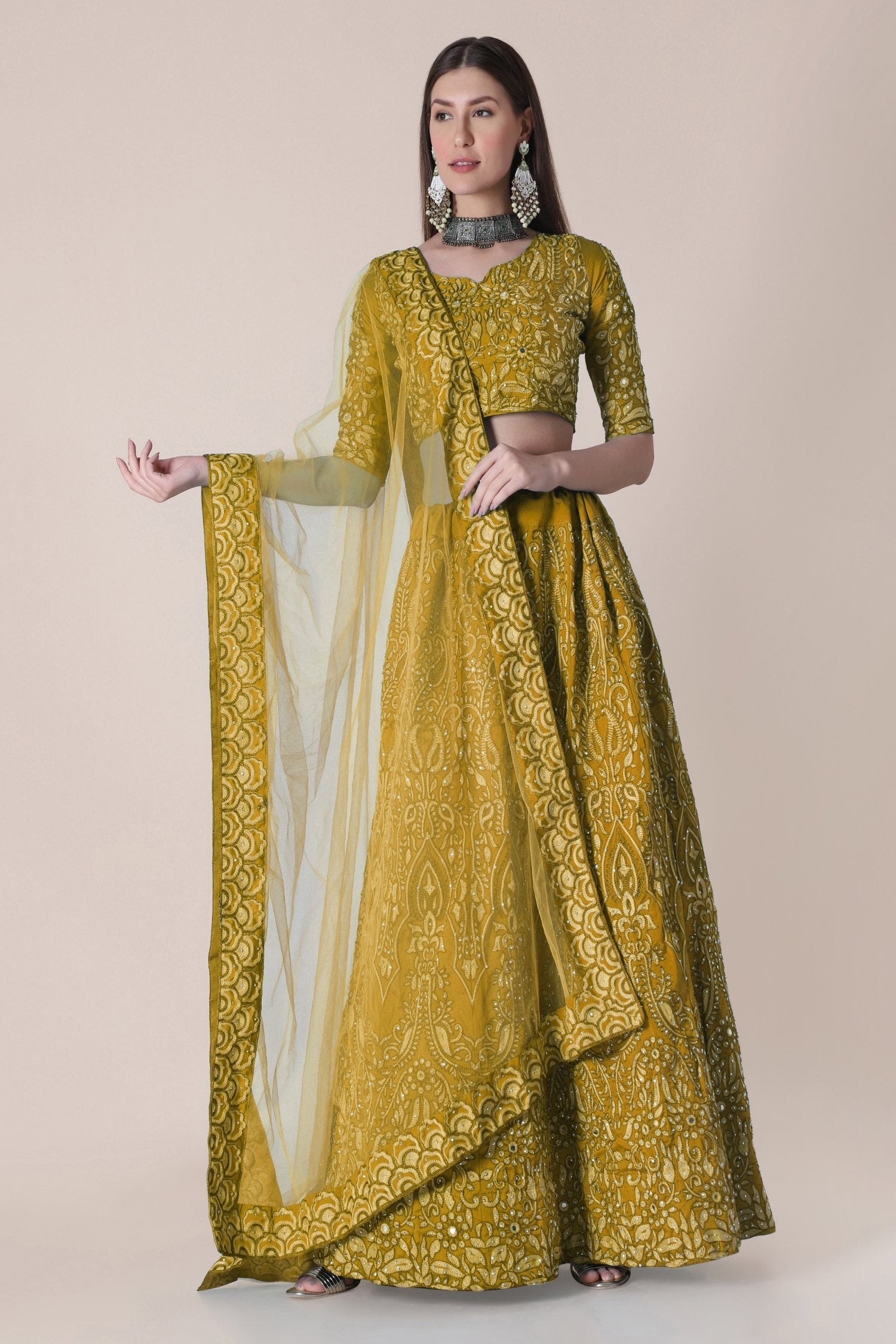 Mustard Taffeta Silk Thread Embroidered Designer Lehenga Choli