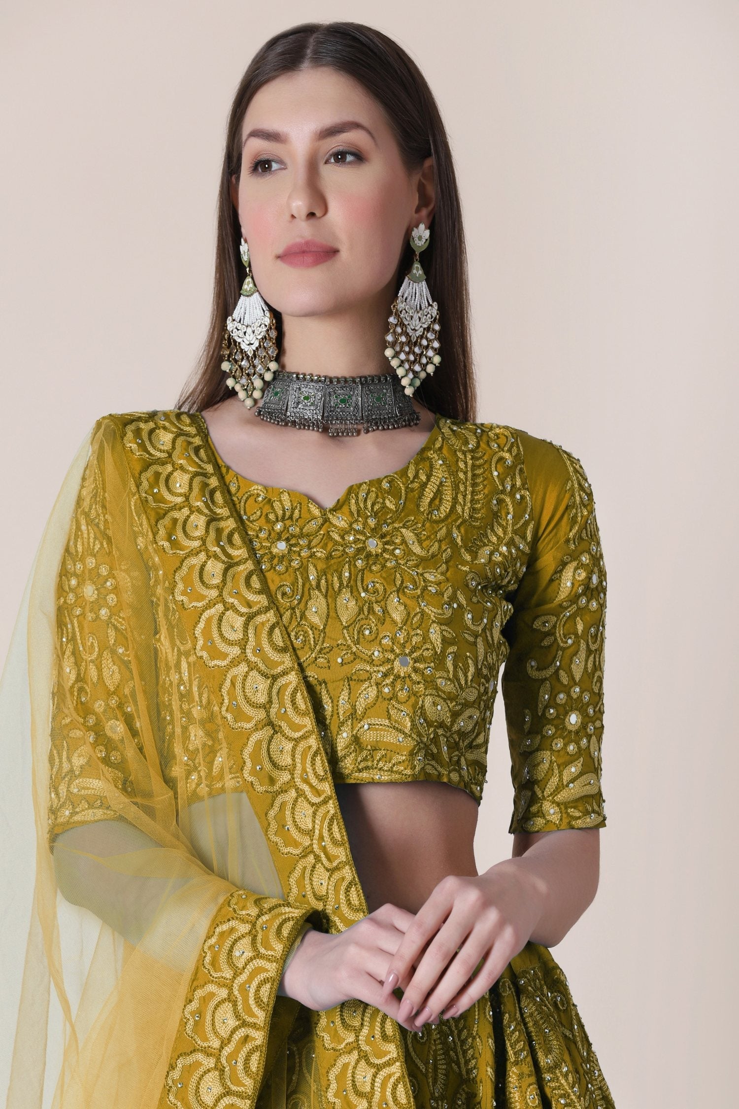 Mustard Taffeta Silk Thread Embroidered Designer Lehenga Choli