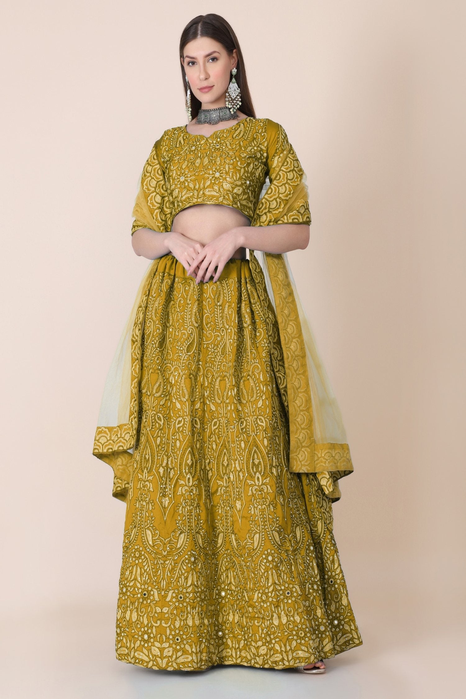 Mustard Taffeta Silk Lehenga Choli with intricate thread embroidery for festive wear