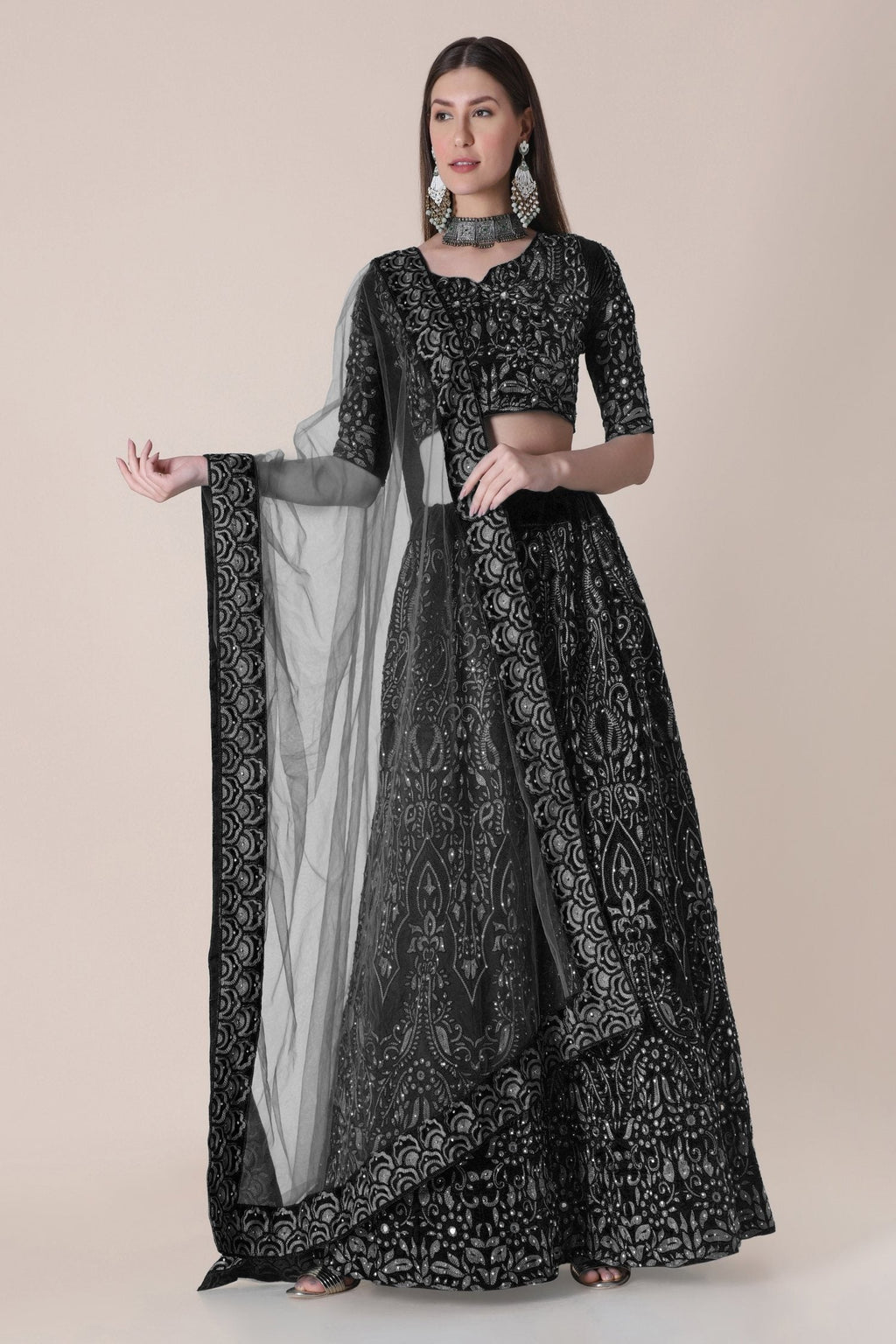 Black Taffeta Silk Thread Embroidered Designer Lehenga Choli