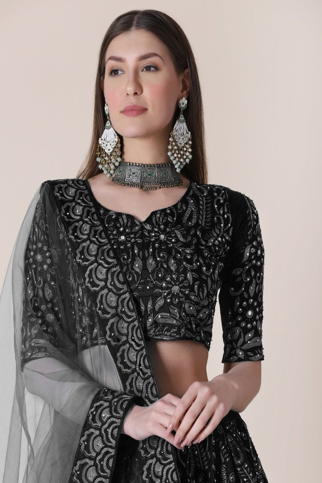 Black Taffeta Silk Thread Embroidered Designer Lehenga Choli