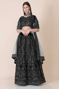 Sophisticated black taffeta silk lehenga choli set with intricate thread embroidery