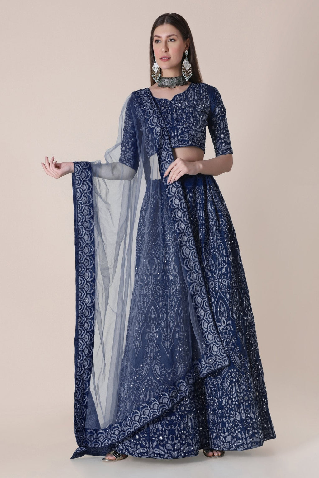 Navy Blue Taffeta Silk Thread Embroidered Lehenga Choli Set