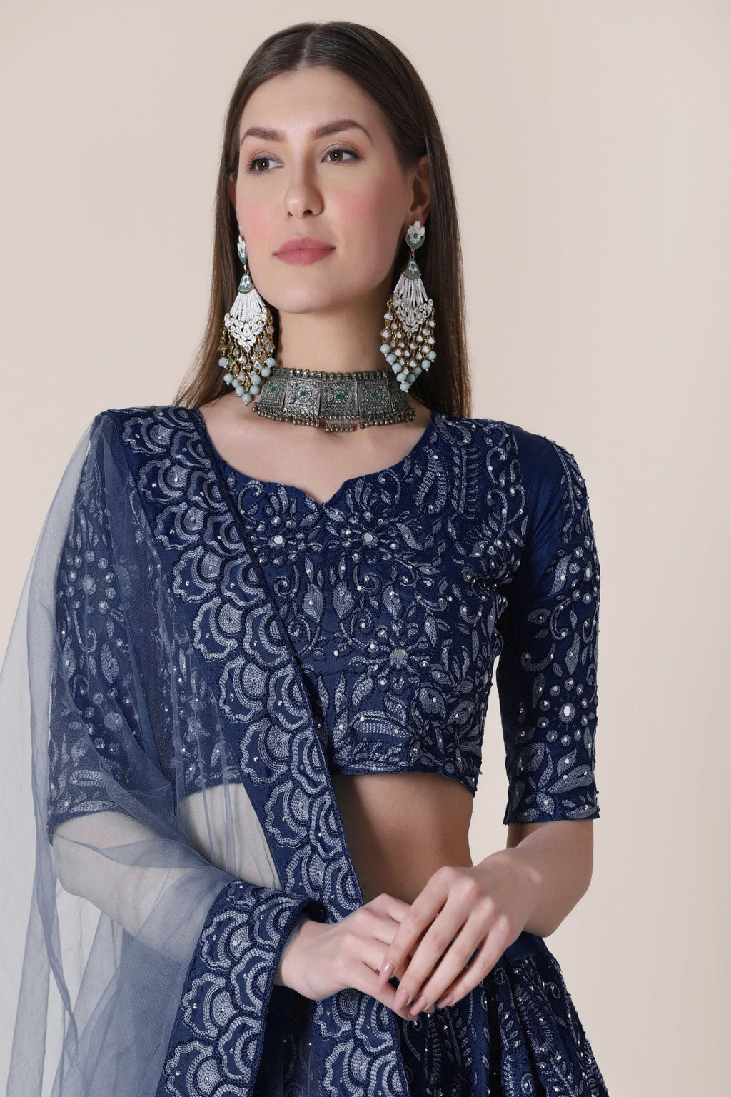 Navy Blue Taffeta Silk Thread Embroidered Lehenga Choli Set