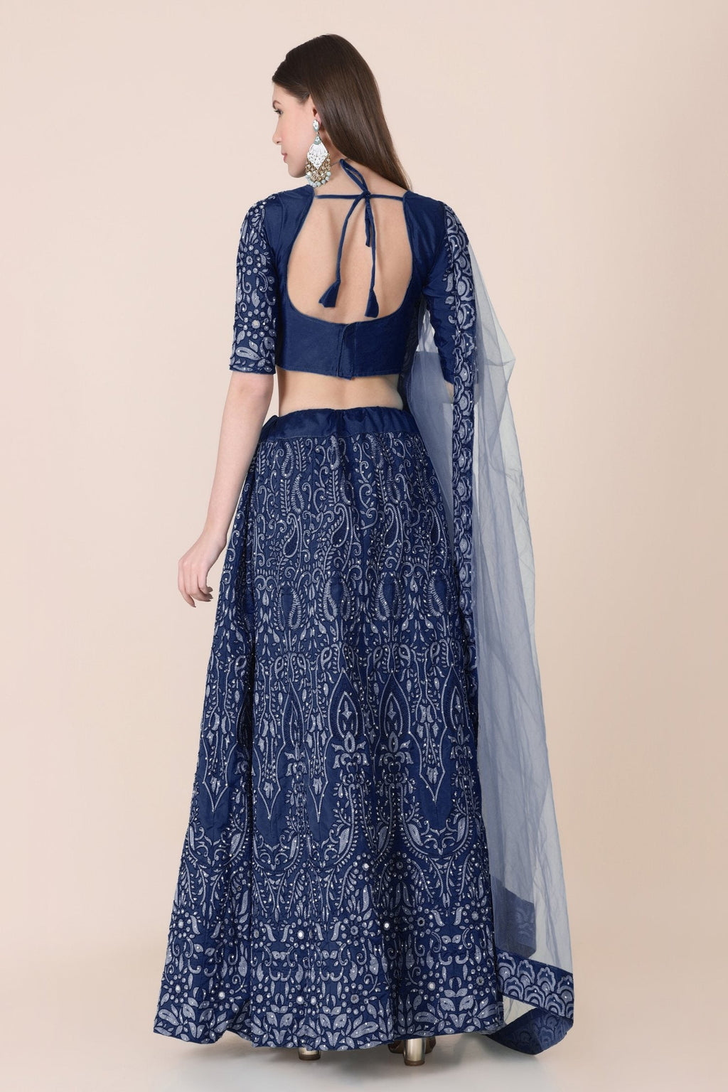 Navy Blue Taffeta Silk Thread Embroidered Lehenga Choli Set