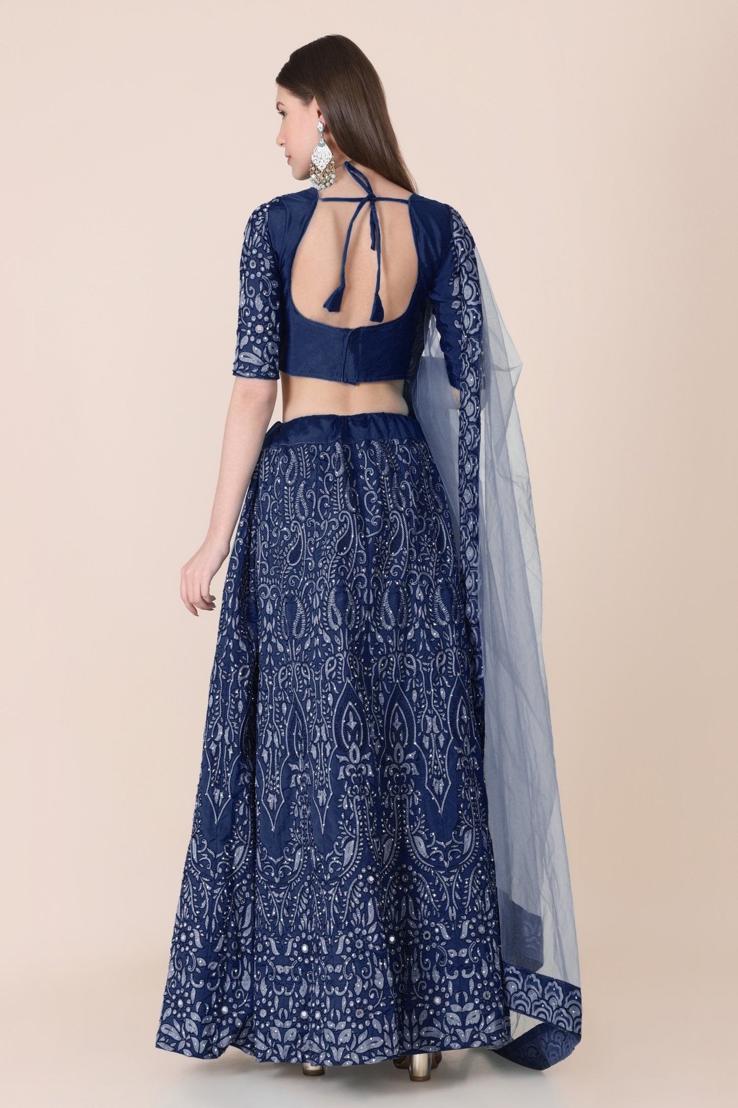 Navy Blue Taffeta Silk Thread Embroidered Lehenga Choli Set