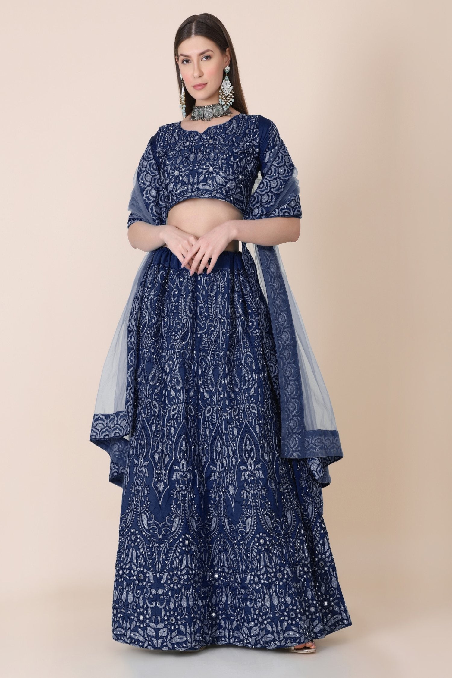 Navy Blue Taffeta Silk Thread Embroidered Lehenga Choli Set