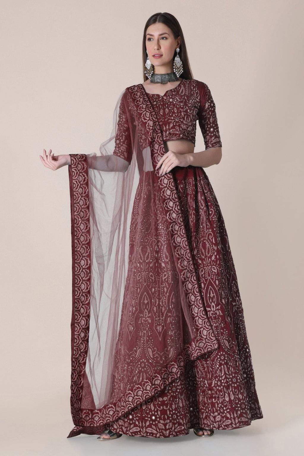 Maroon Taffeta Silk Thread Embroidered Lehenga Choli Set