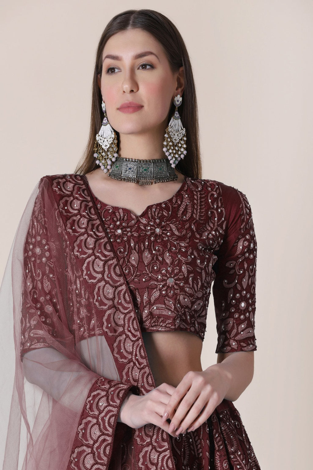 Maroon Taffeta Silk Thread Embroidered Lehenga Choli Set