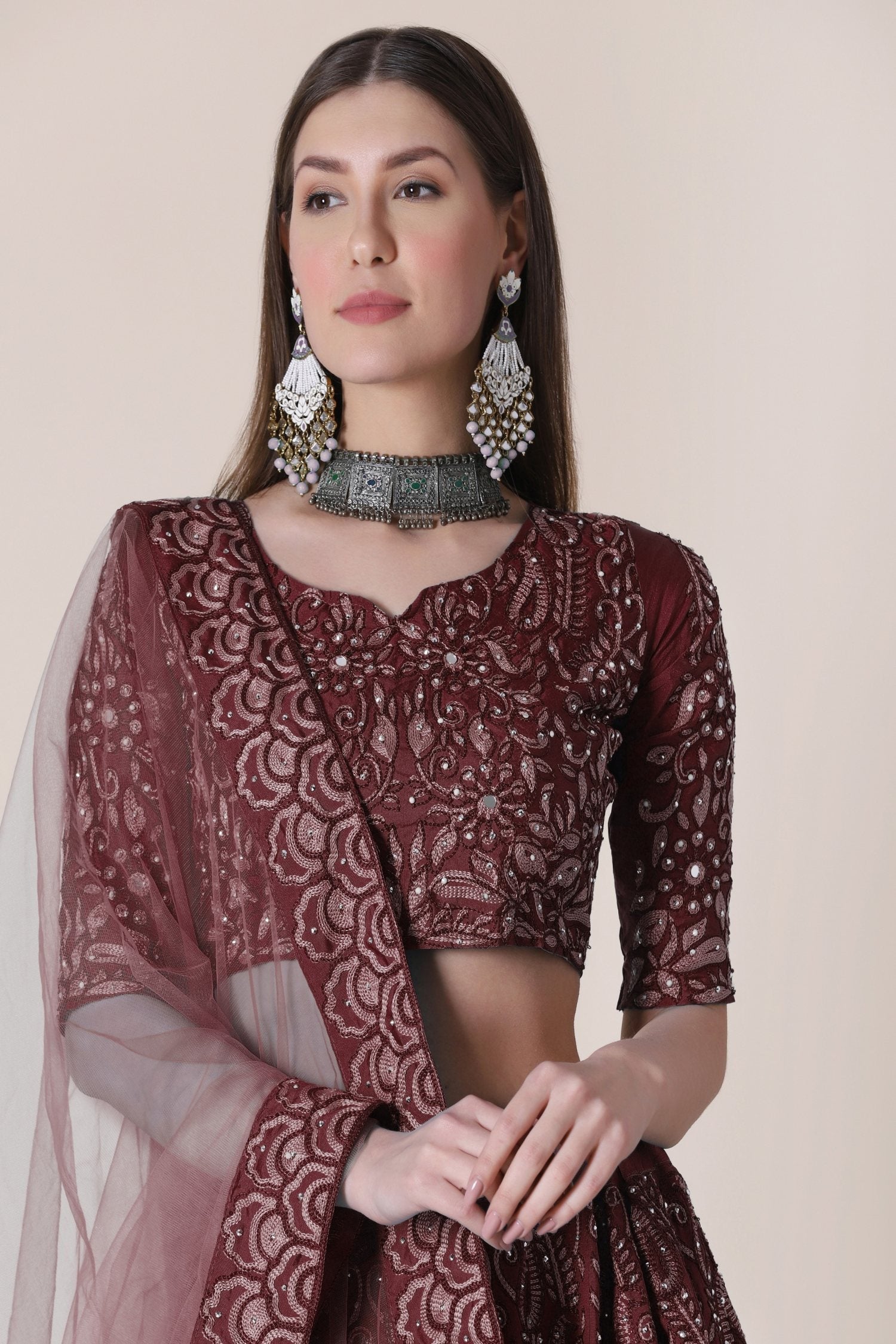 Maroon Taffeta Silk Thread Embroidered Lehenga Choli Set