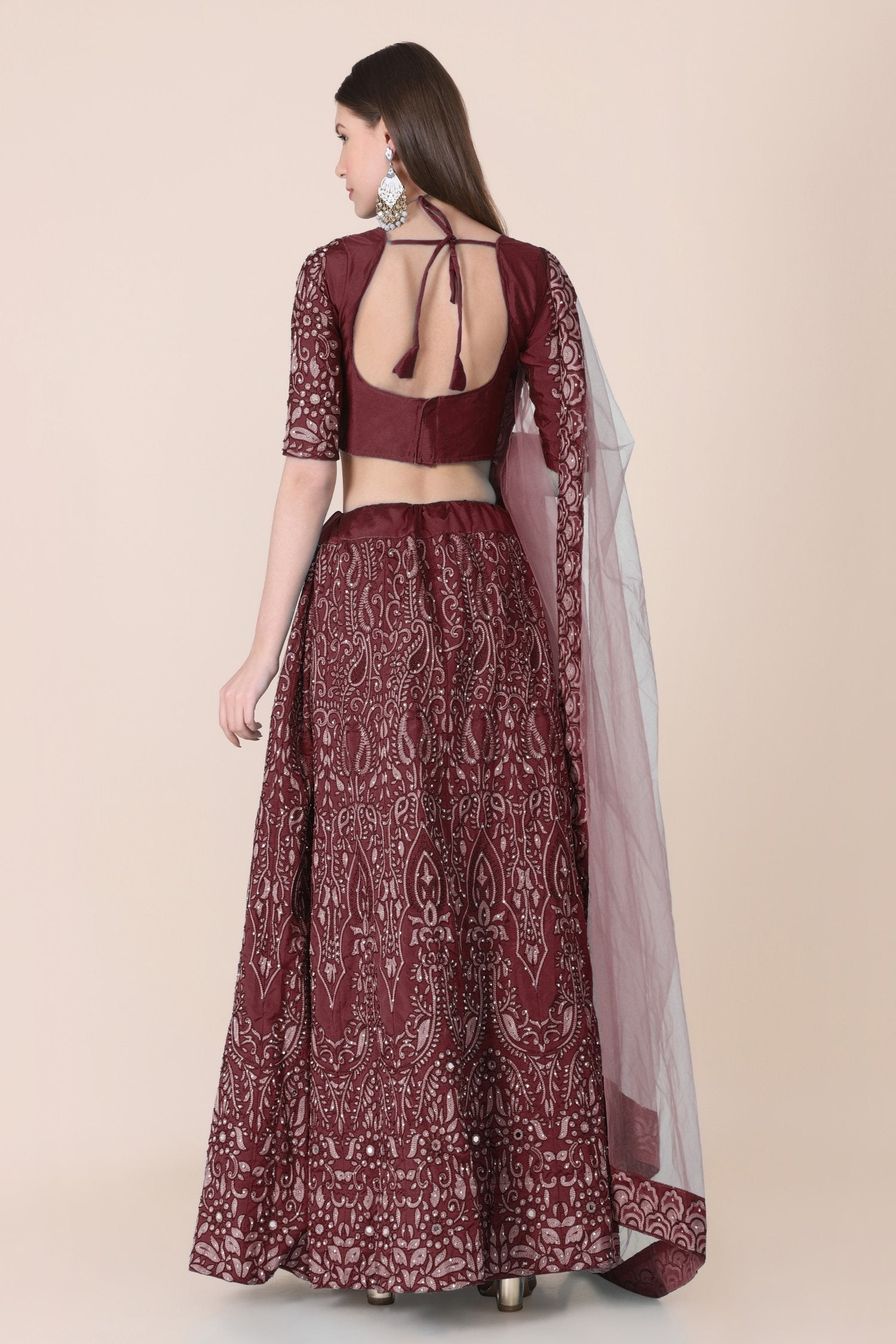 Maroon Taffeta Silk Thread Embroidered Lehenga Choli Set