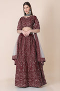 Close up of Maroon Taffeta Silk Lehenga Choli with detailed thread embroidery