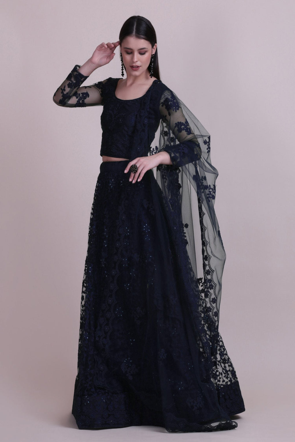 Navy Blue Net Thread Embroidered Lehenga Choli Set for Women