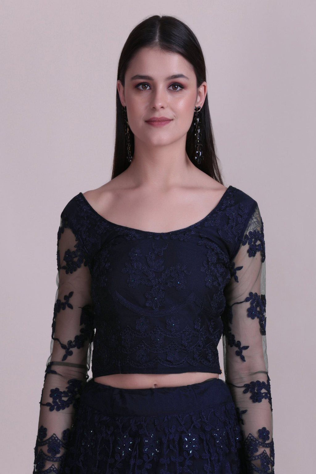 Navy Blue Net Thread Embroidered Lehenga Choli Set for Women