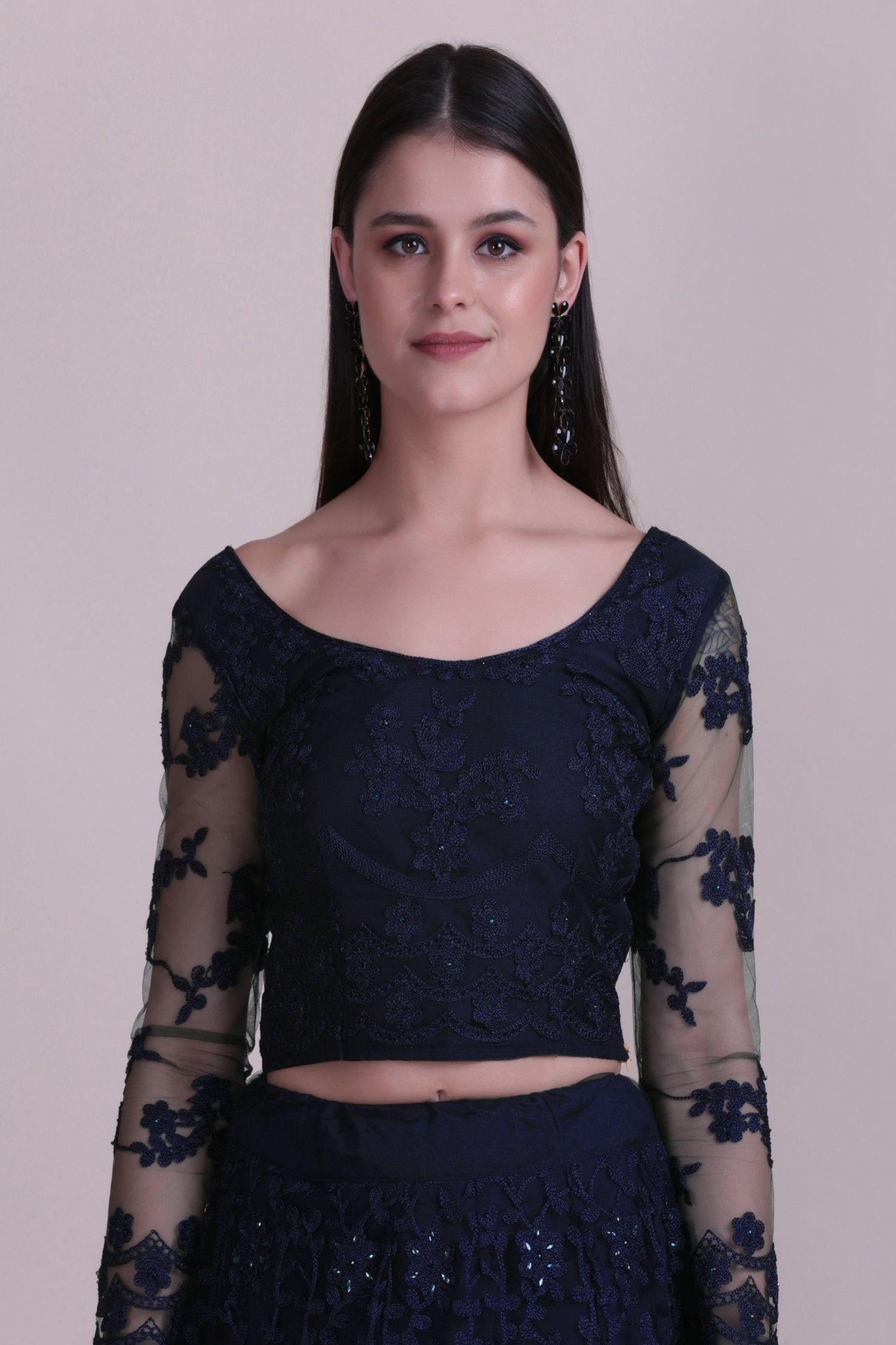 Navy Blue Net Thread Embroidered Lehenga Choli Set for Women