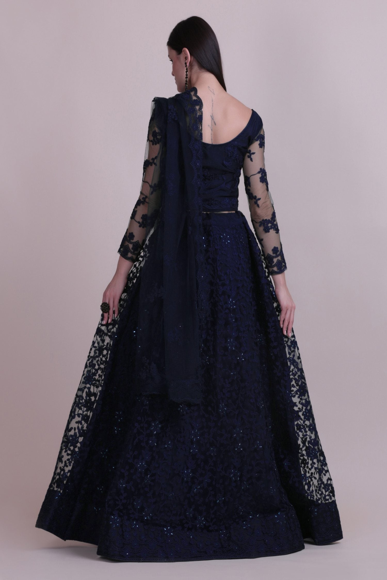 Navy Blue Net Thread Embroidered Lehenga Choli Set for Women