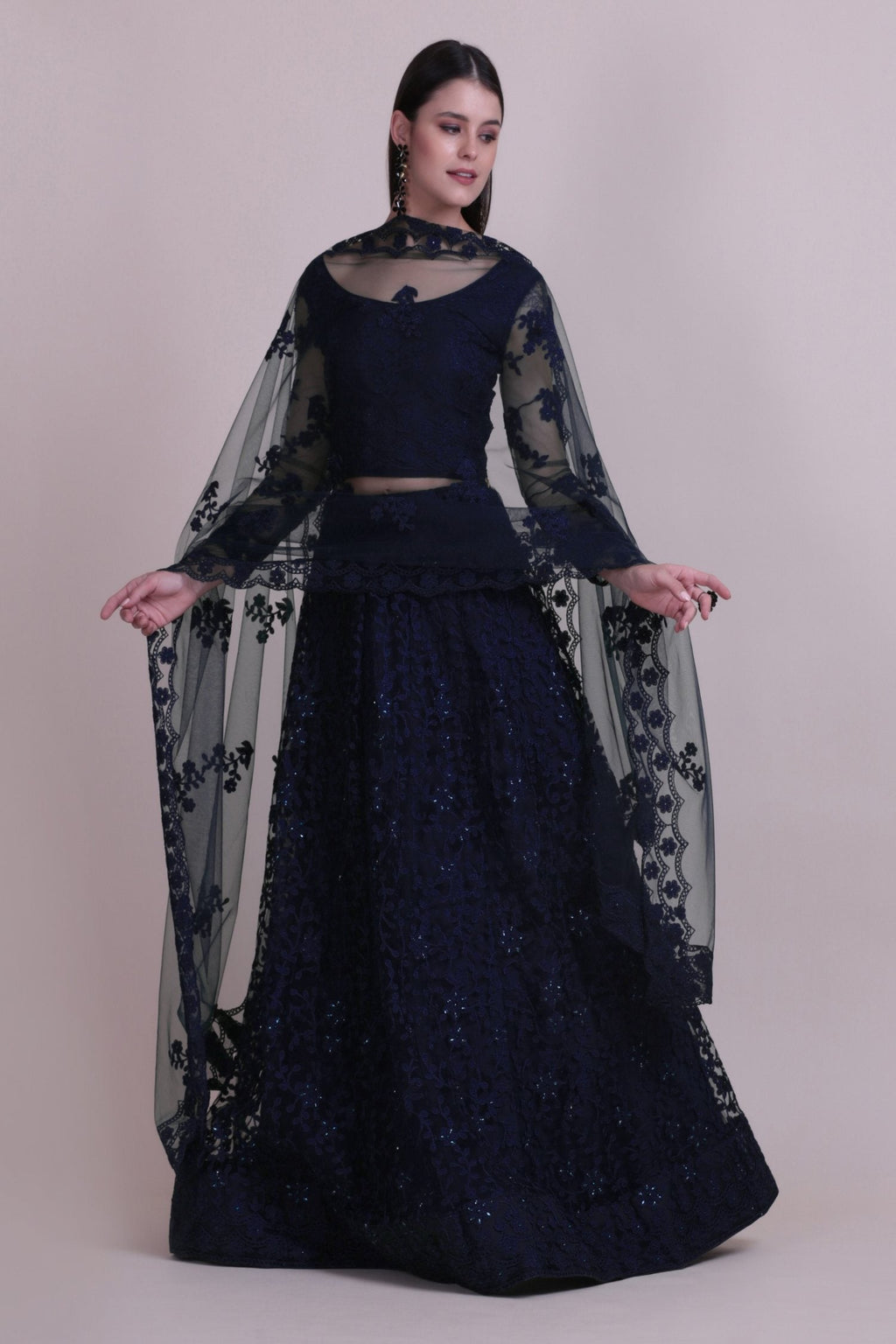 Elegant Navy Blue Net Lehenga Choli set with detailed thread embroidery for women