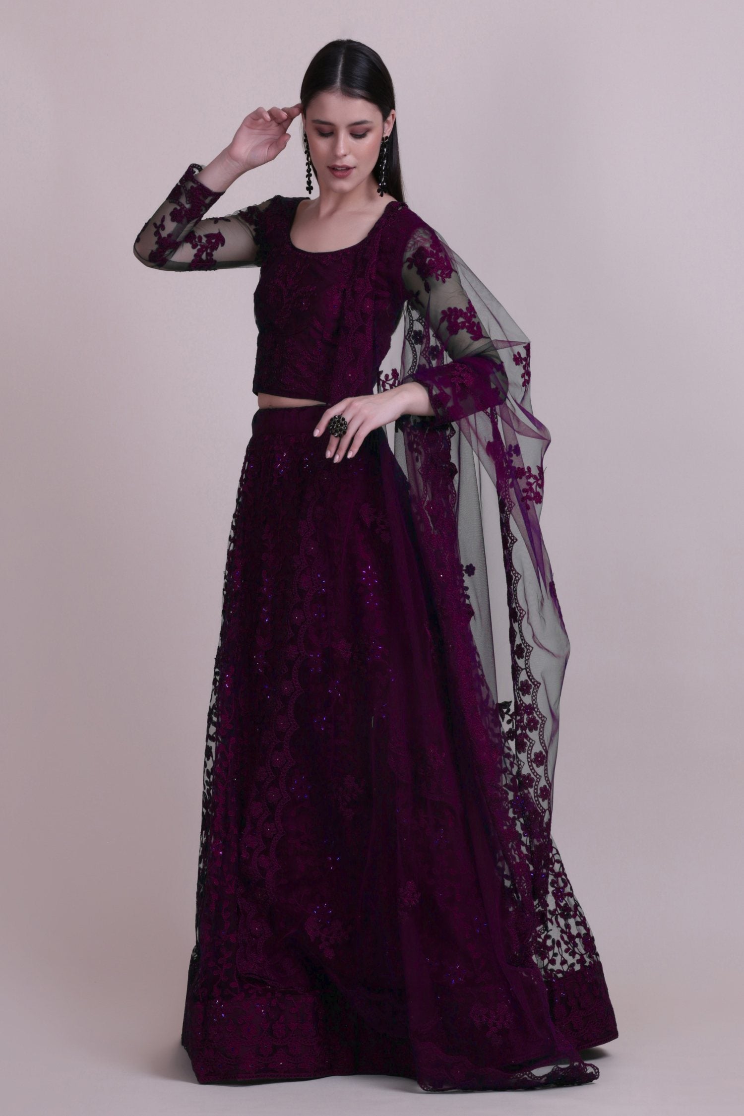 Purple Net Thread Embroidered Designer Lehenga Choli Set