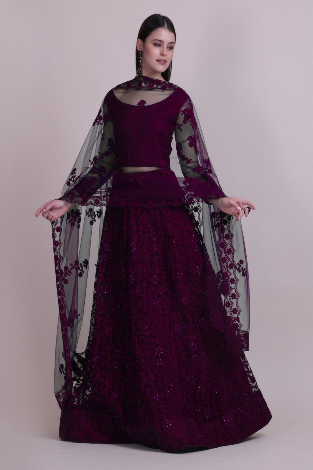 Purple net lehenga choli set with detailed thread embroidery for women