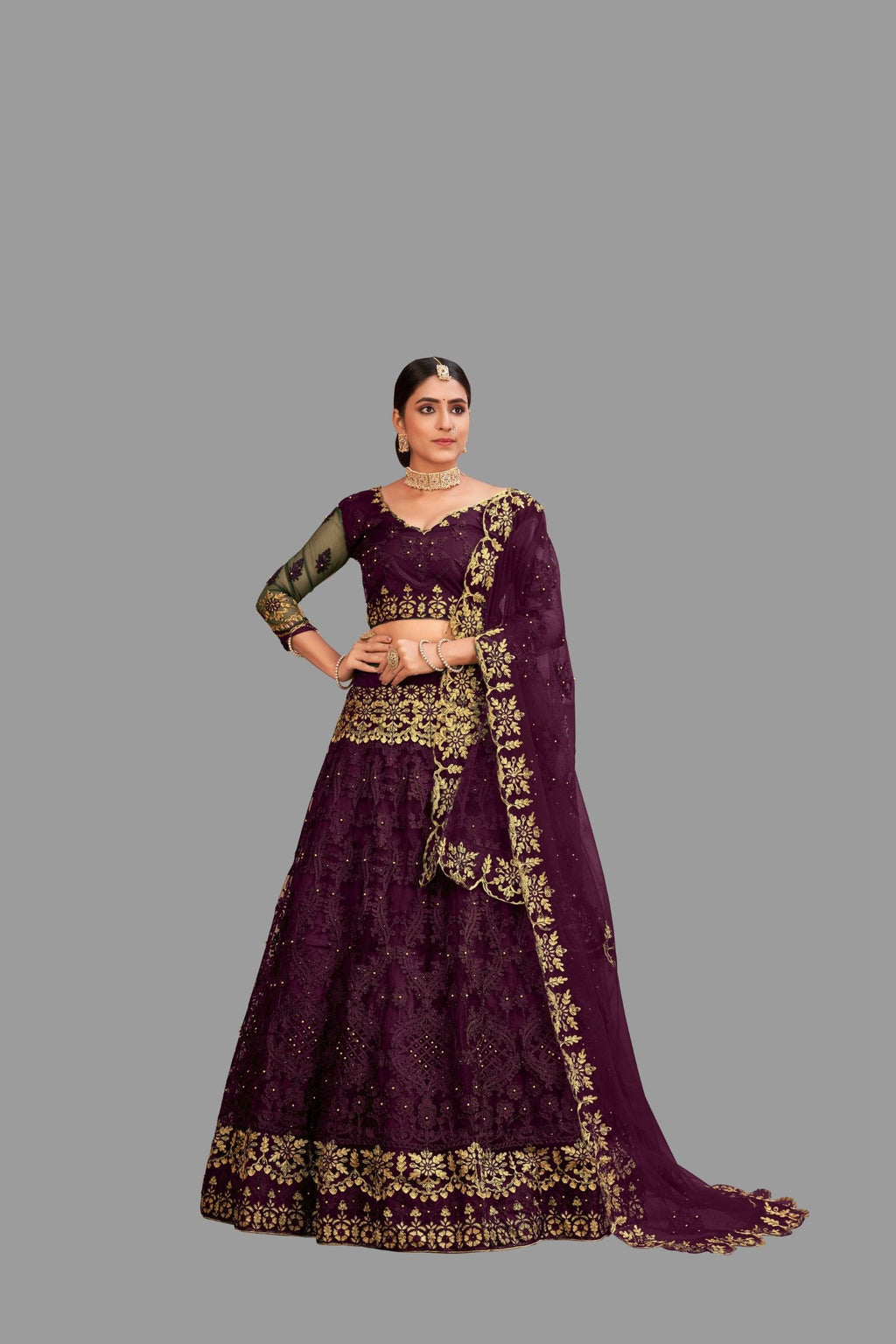 Stunning Purple Net Lehenga Choli with thread embroidery and designer finish