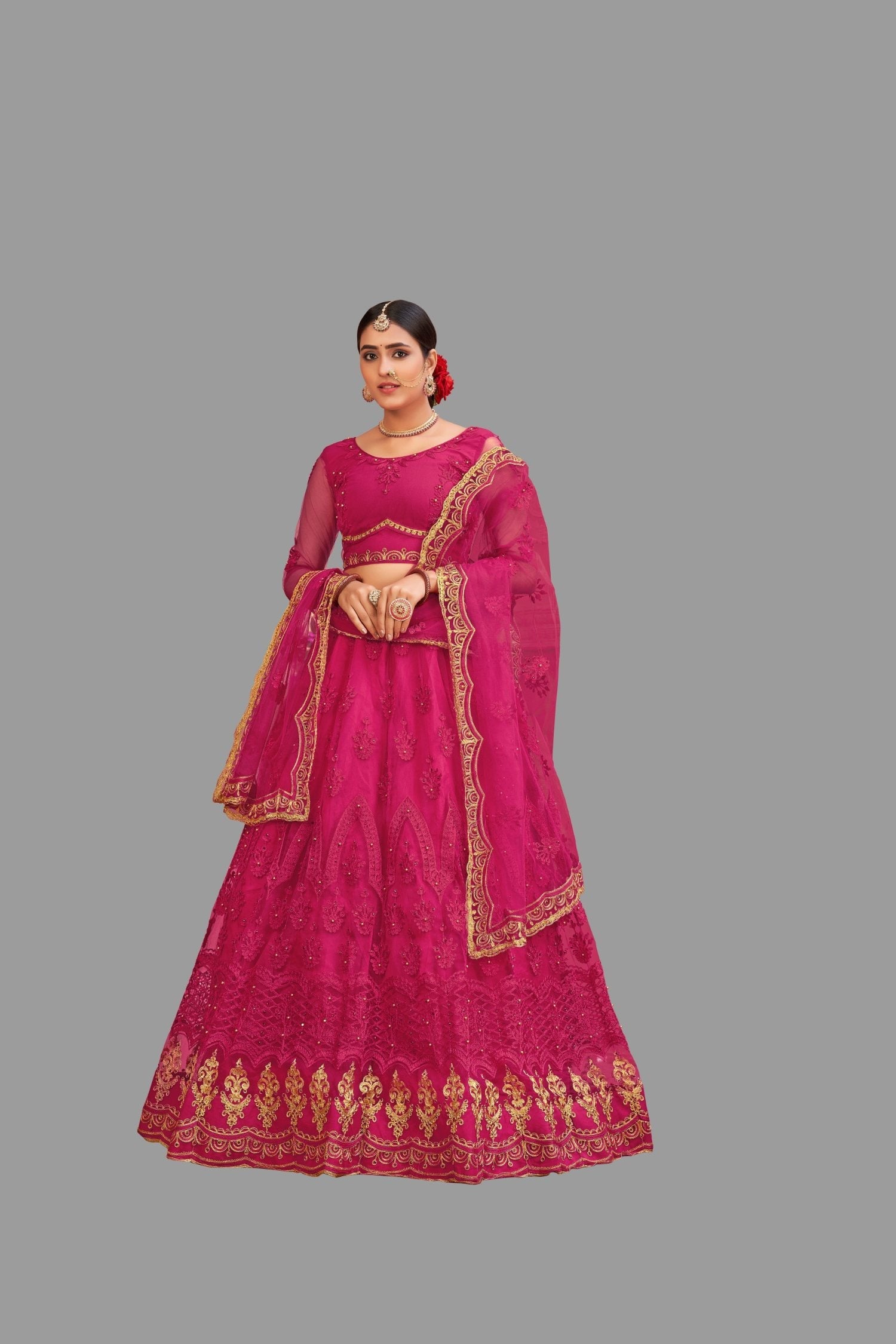 Women's Pink Net Thread Embroidered Lehenga Choli Set for Festive
