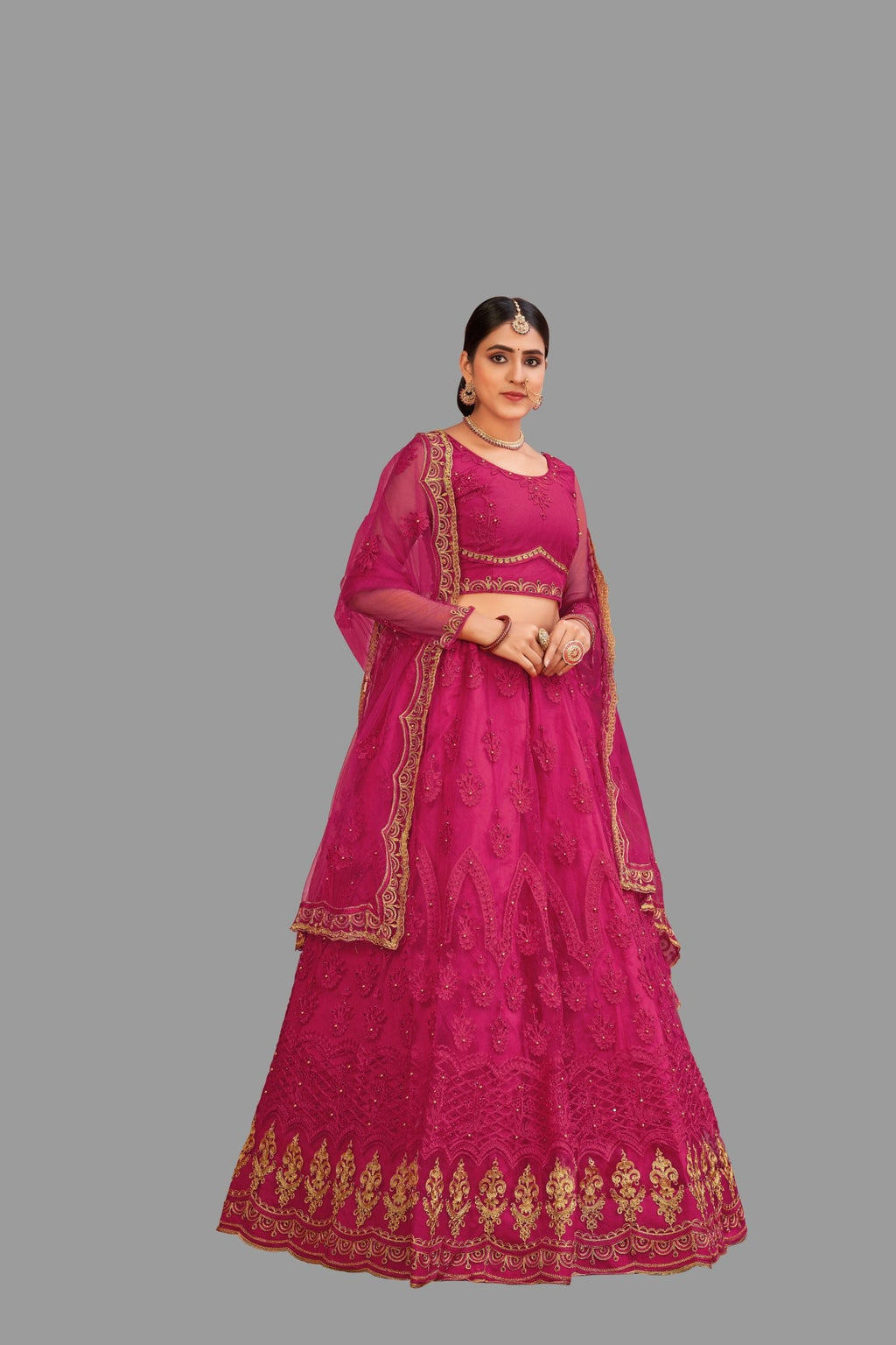 Women's Pink Net Thread Embroidered Lehenga Choli Set for Festive