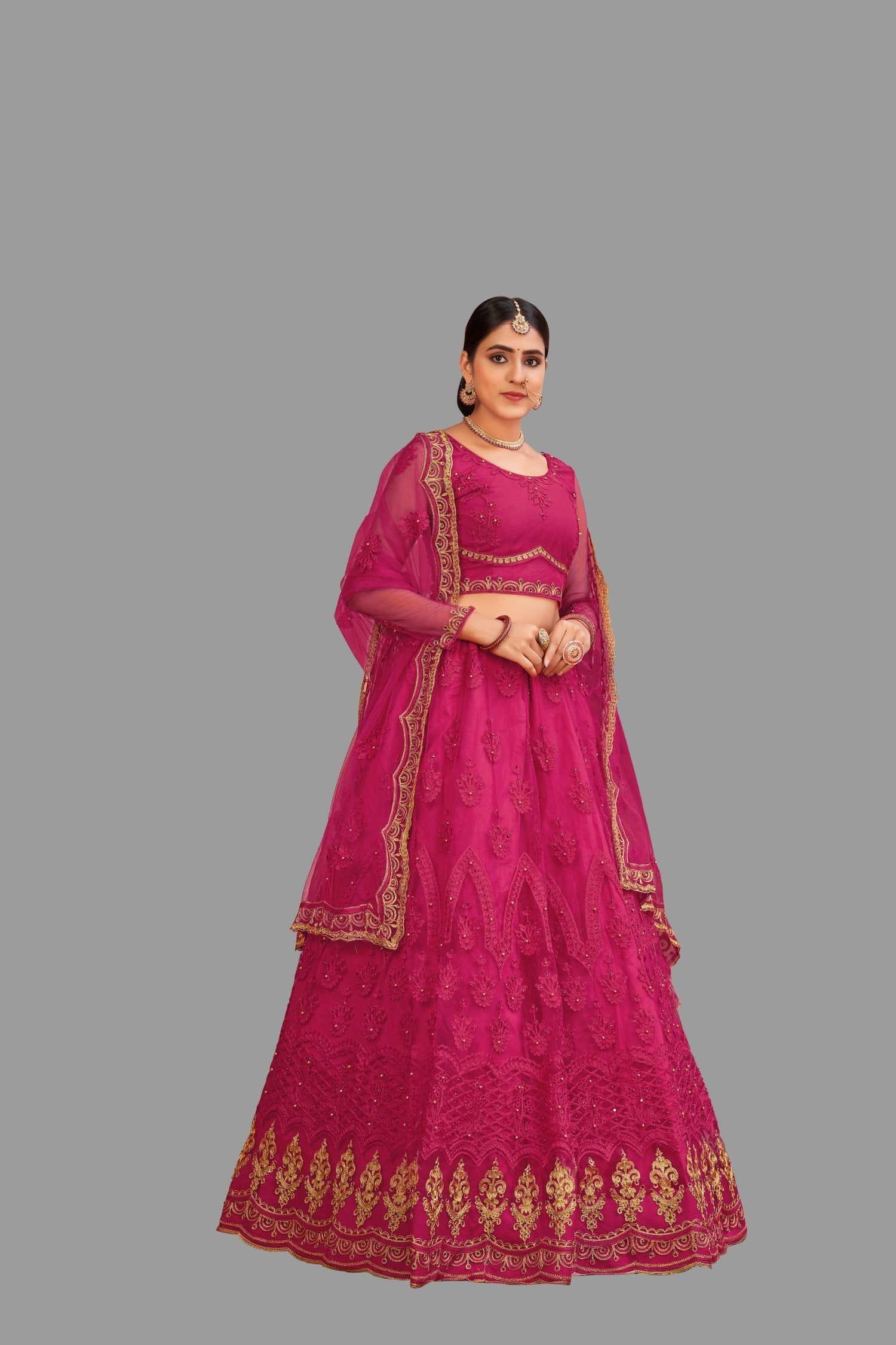 Women's Pink Net Thread Embroidered Lehenga Choli Set for Festive